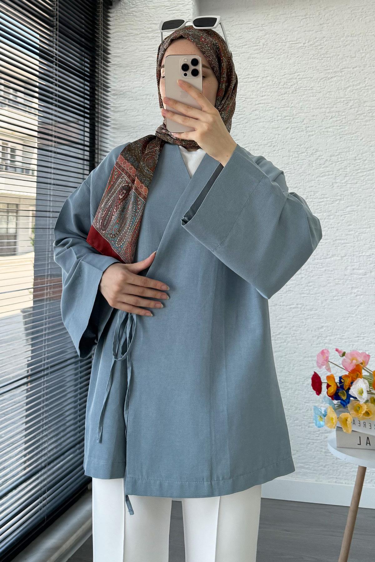 Anvelop Bağlamalı Kimono-Mavi