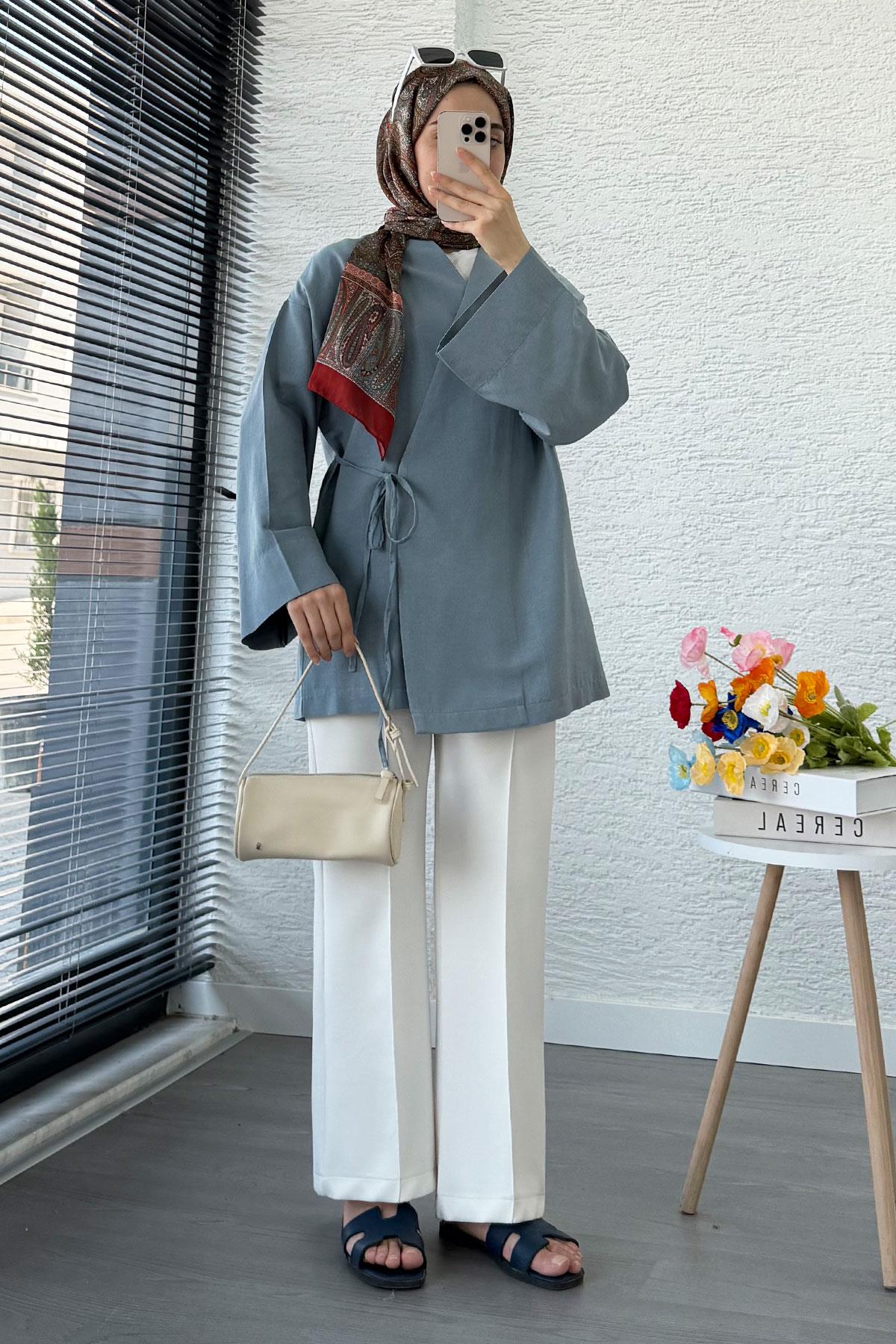 Anvelop Bağlamalı Kimono-Mavi