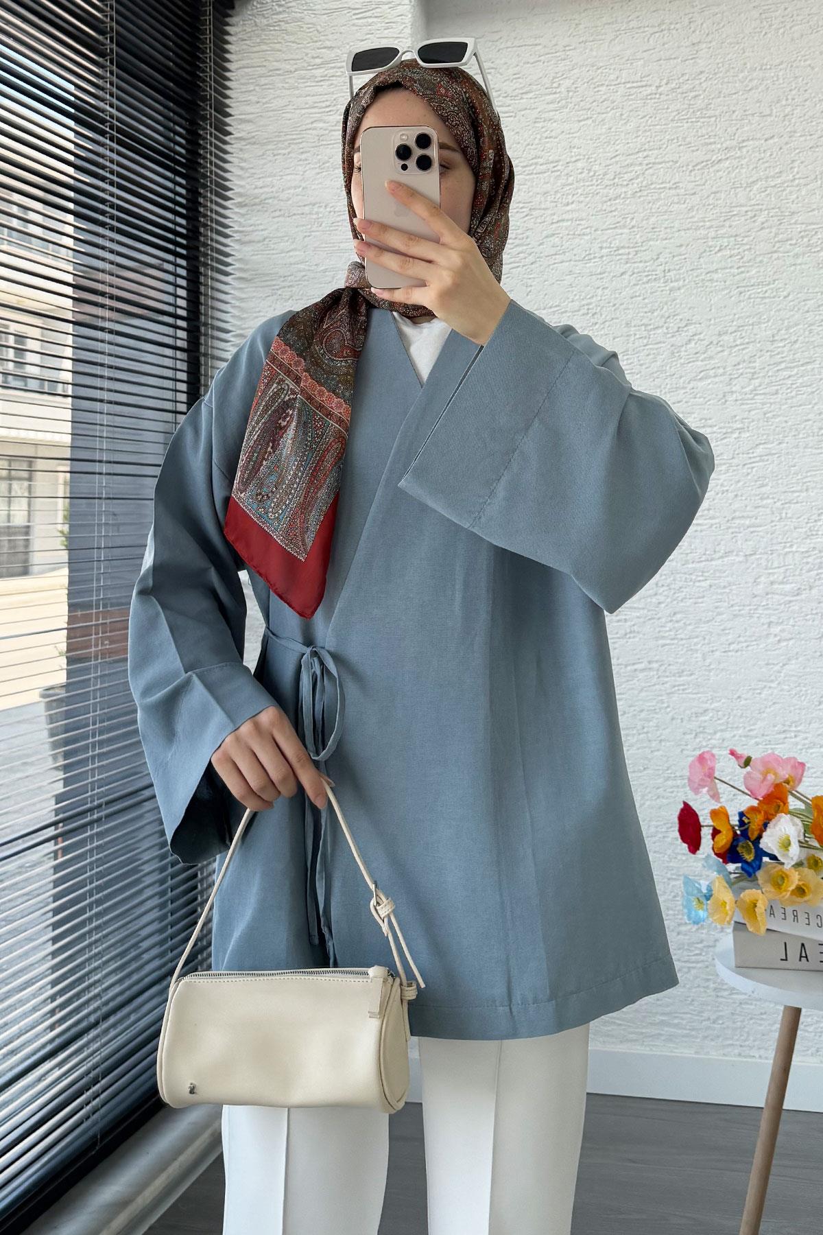 Anvelop Bağlamalı Kimono-Mavi