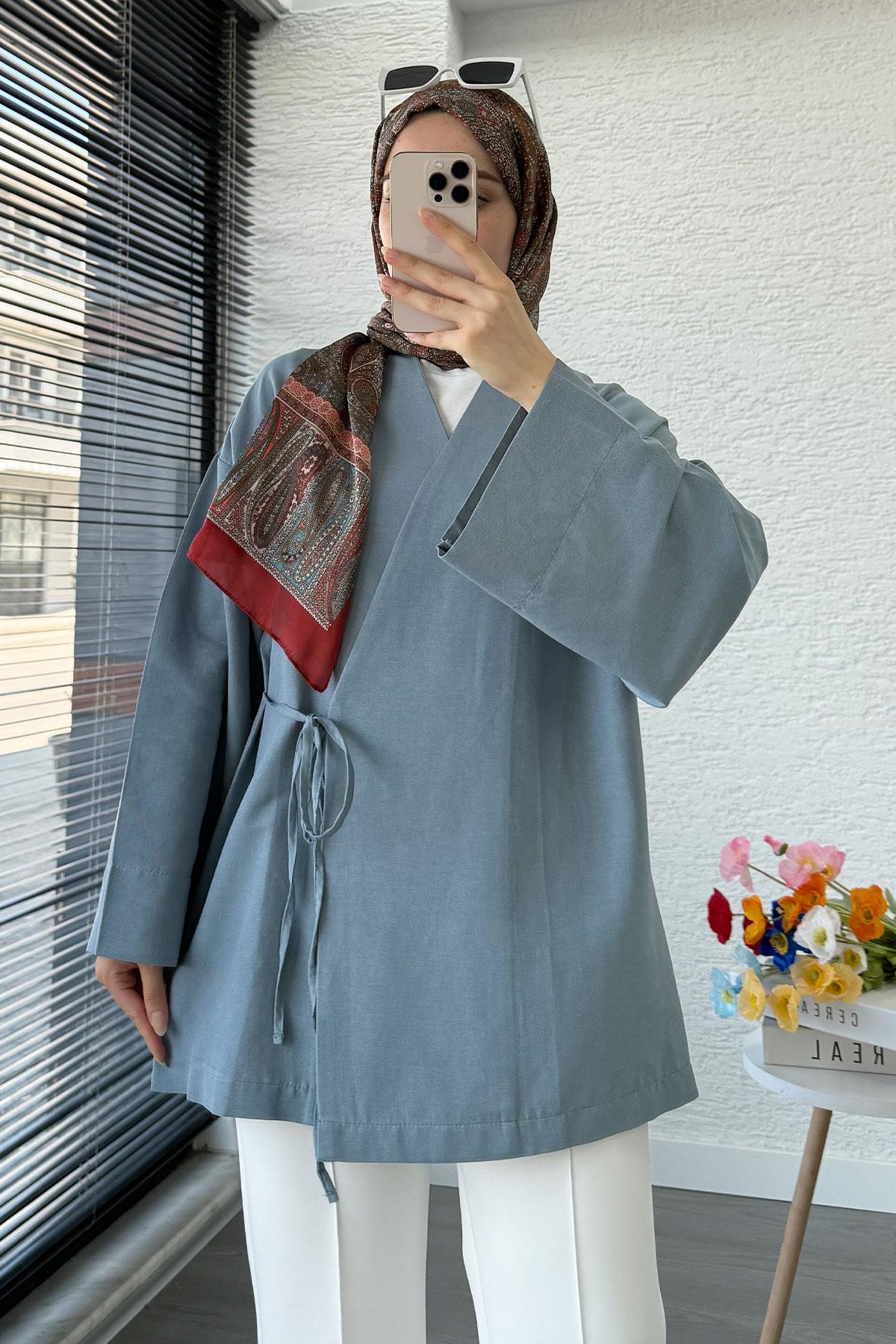 Anvelop Bağlamalı Kimono-Mavi