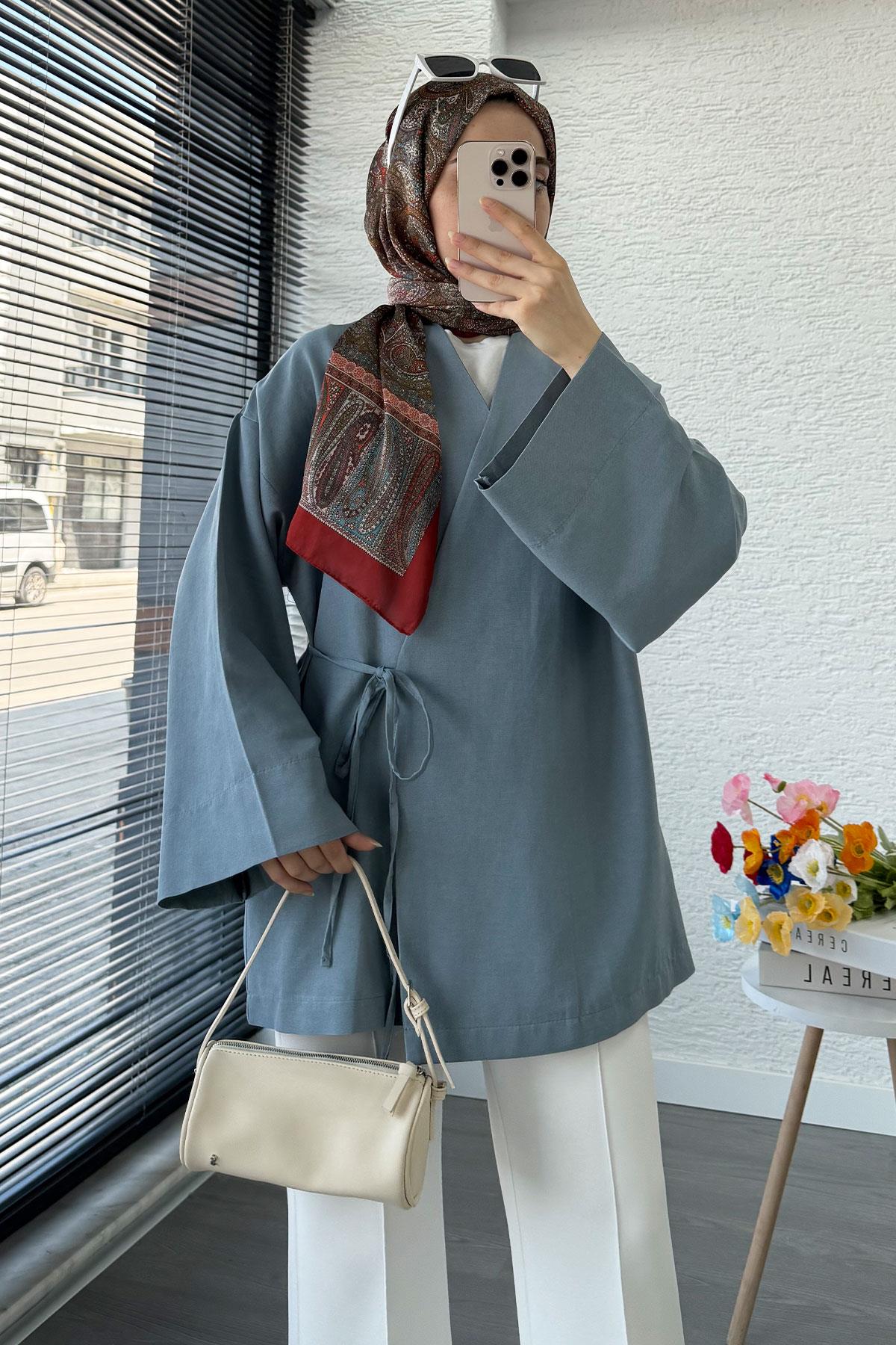 Anvelop Bağlamalı Kimono-Mavi