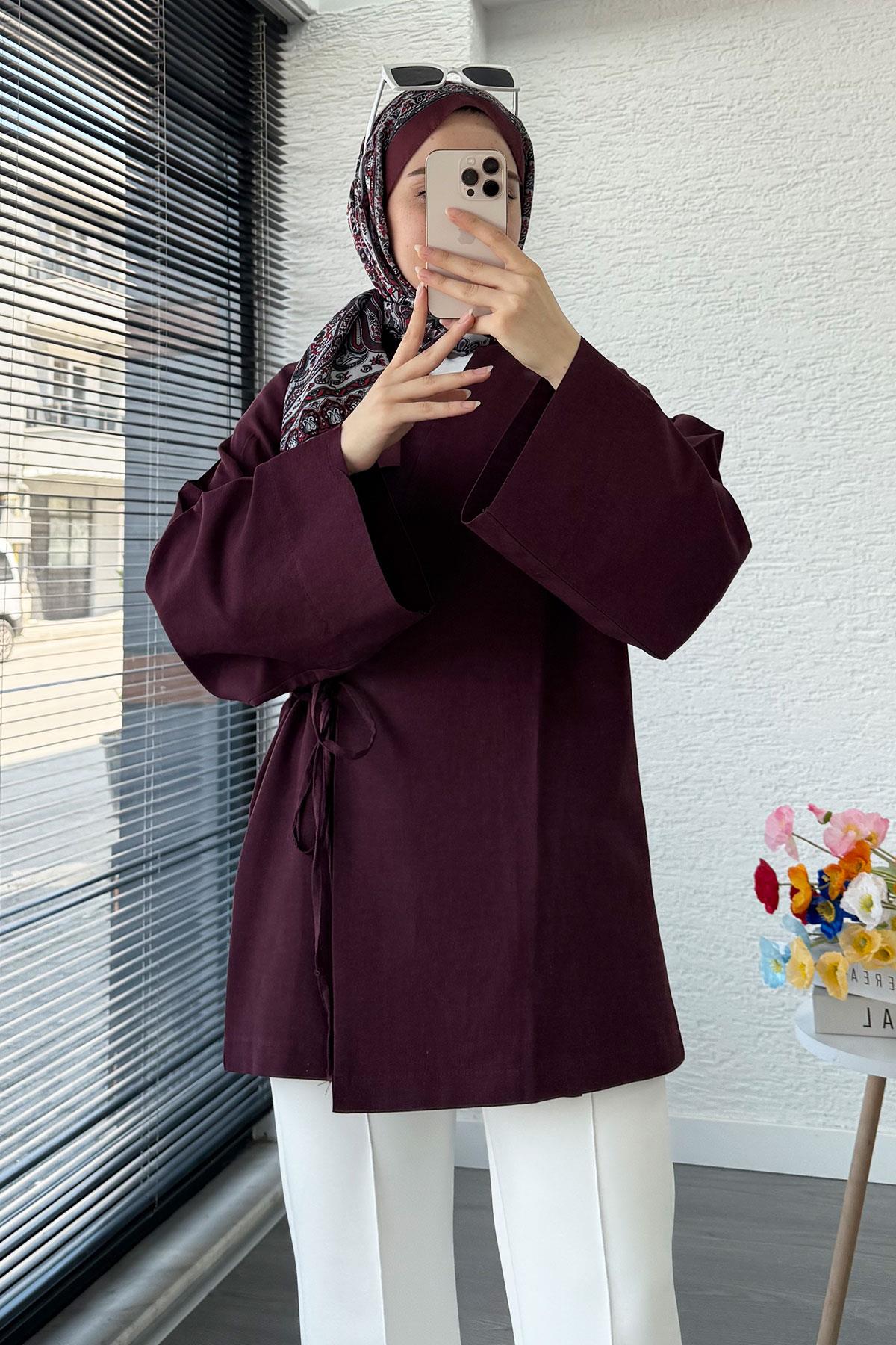 Anvelop Bağlamalı Kimono-Mürdüm