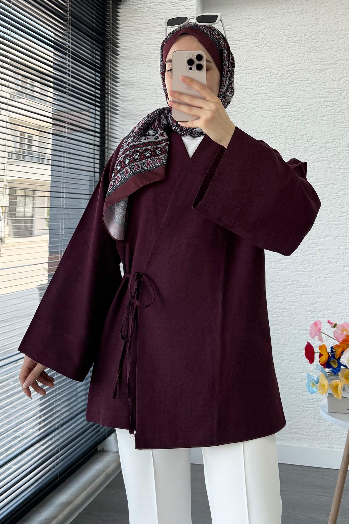 Anvelop Bağlamalı Kimono-Mürdüm