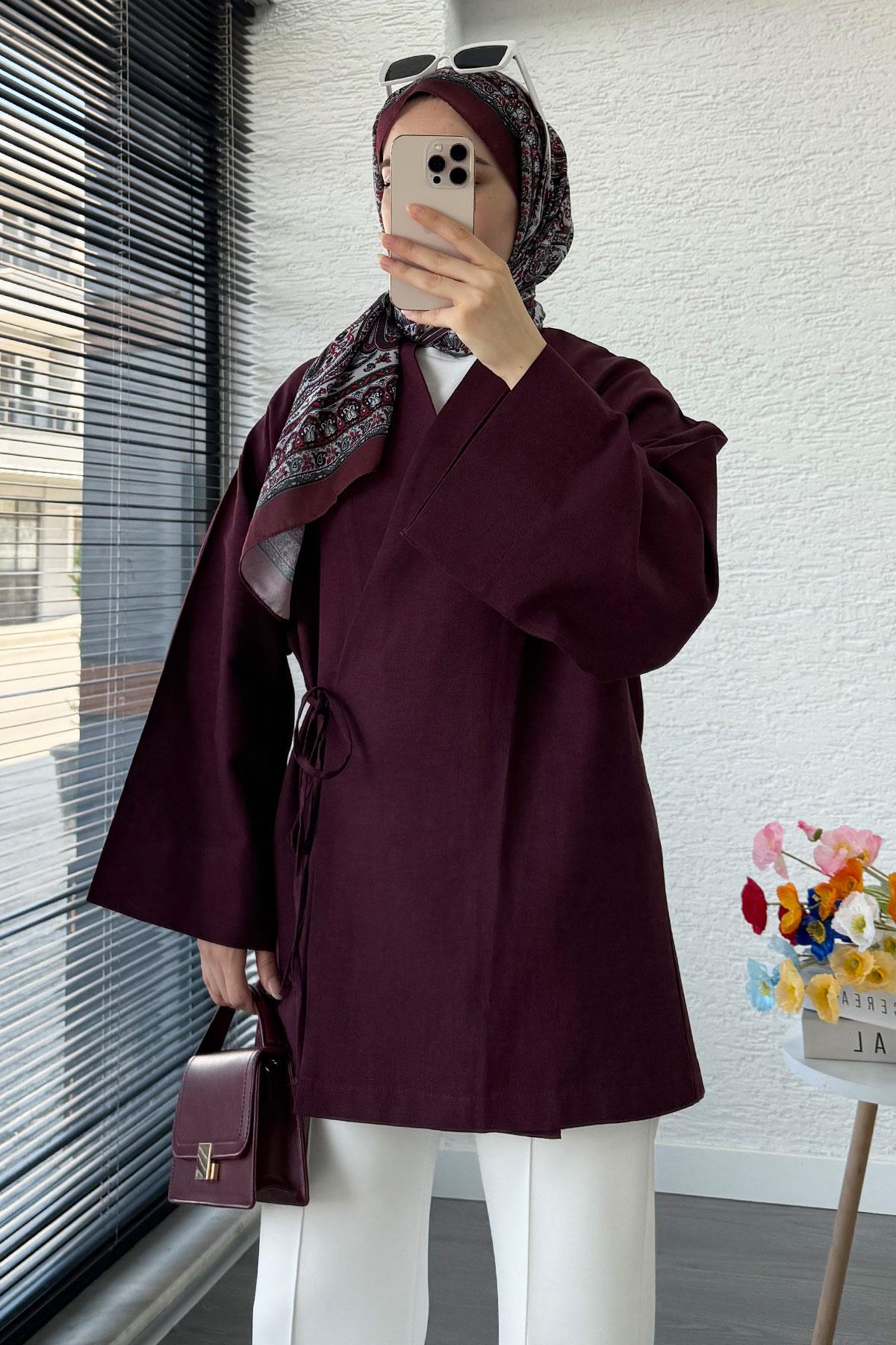 Anvelop Bağlamalı Kimono-Mürdüm