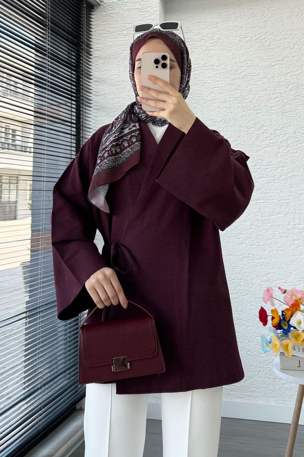 Anvelop Bağlamalı Kimono-Mürdüm