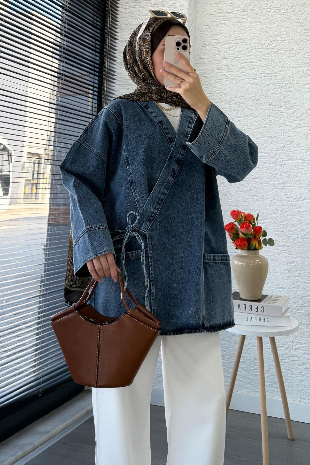 Anvelop Bağlamalı Oversize Denim Ceket - Gri