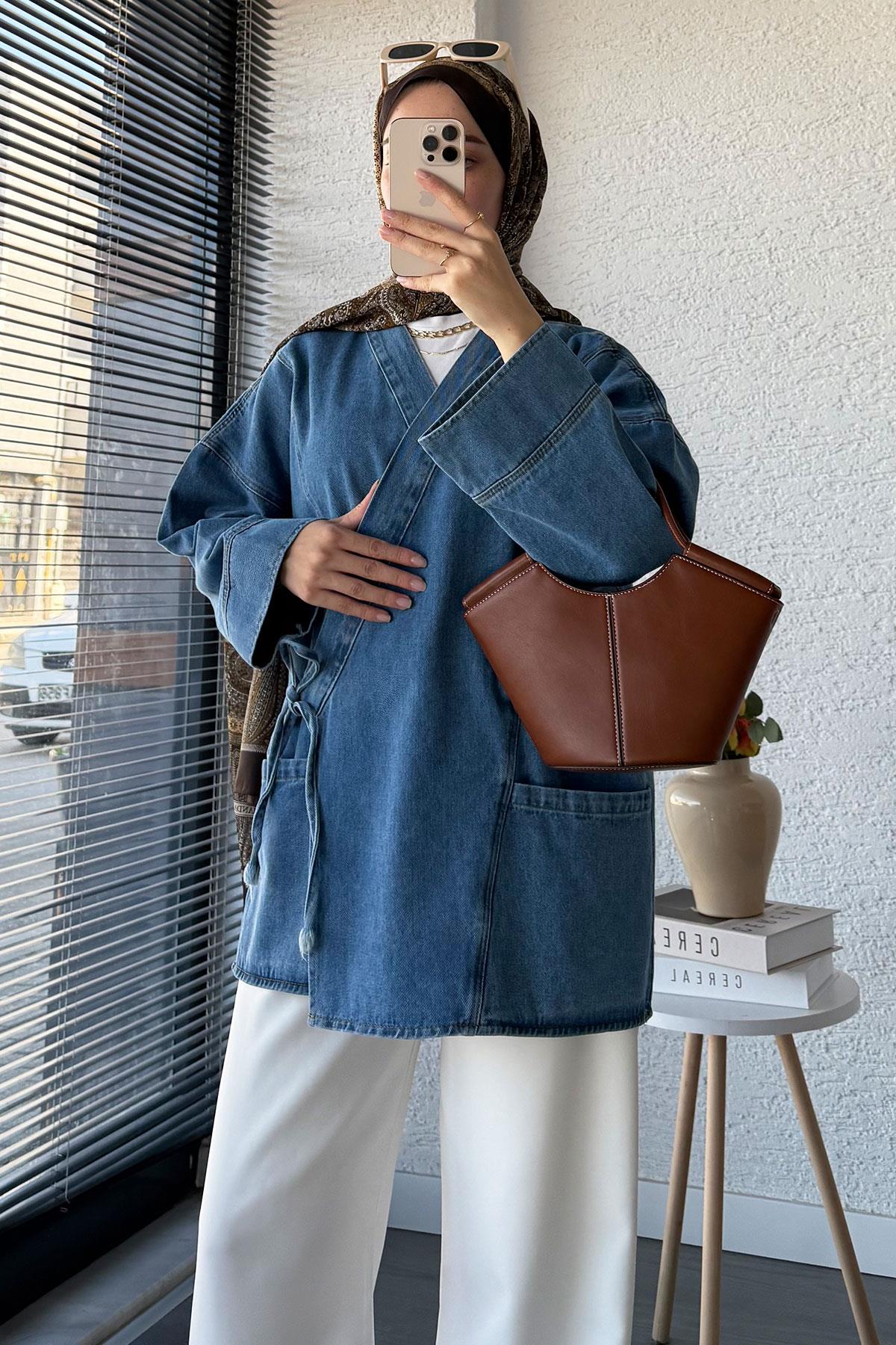 Anvelop Bağlamalı Oversize Denim Ceket - Açık Mavi