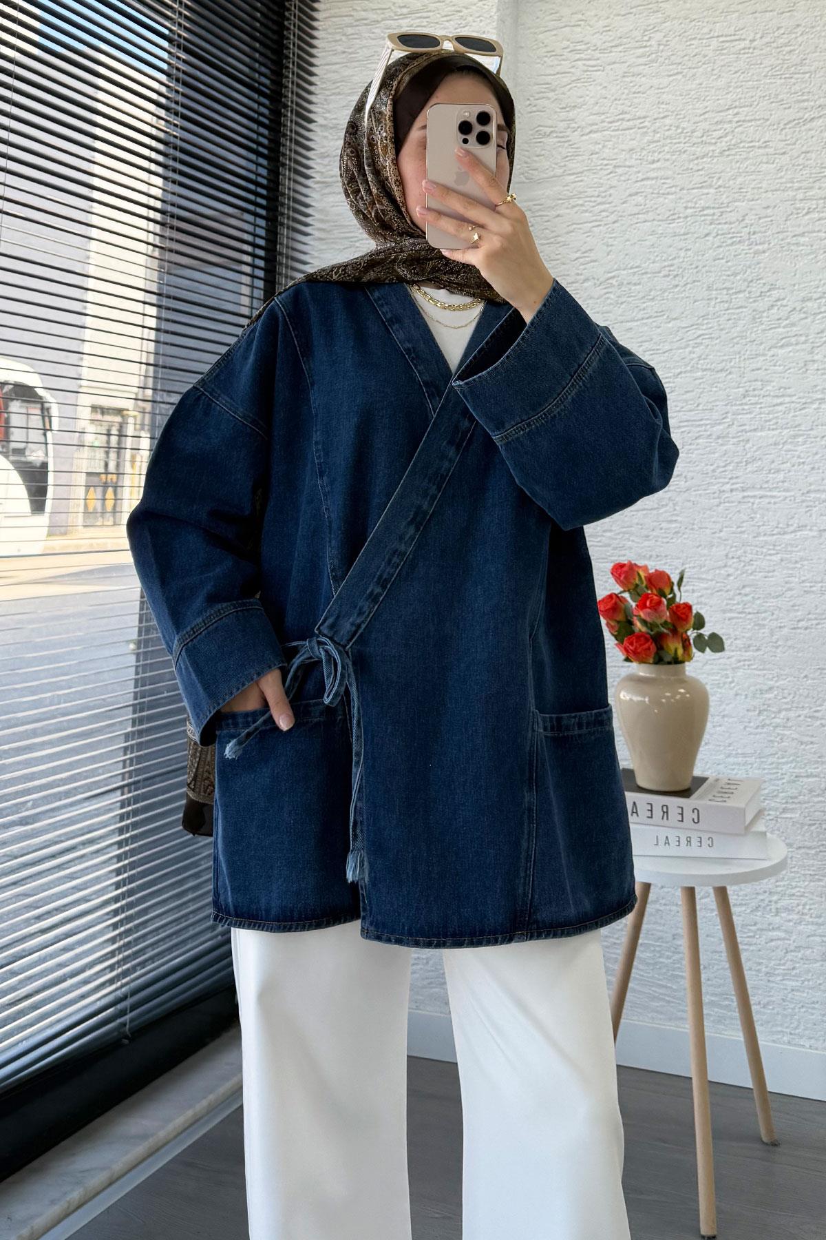 Anvelop Bağlamalı Oversize Denim Ceket - Koyu Mavi