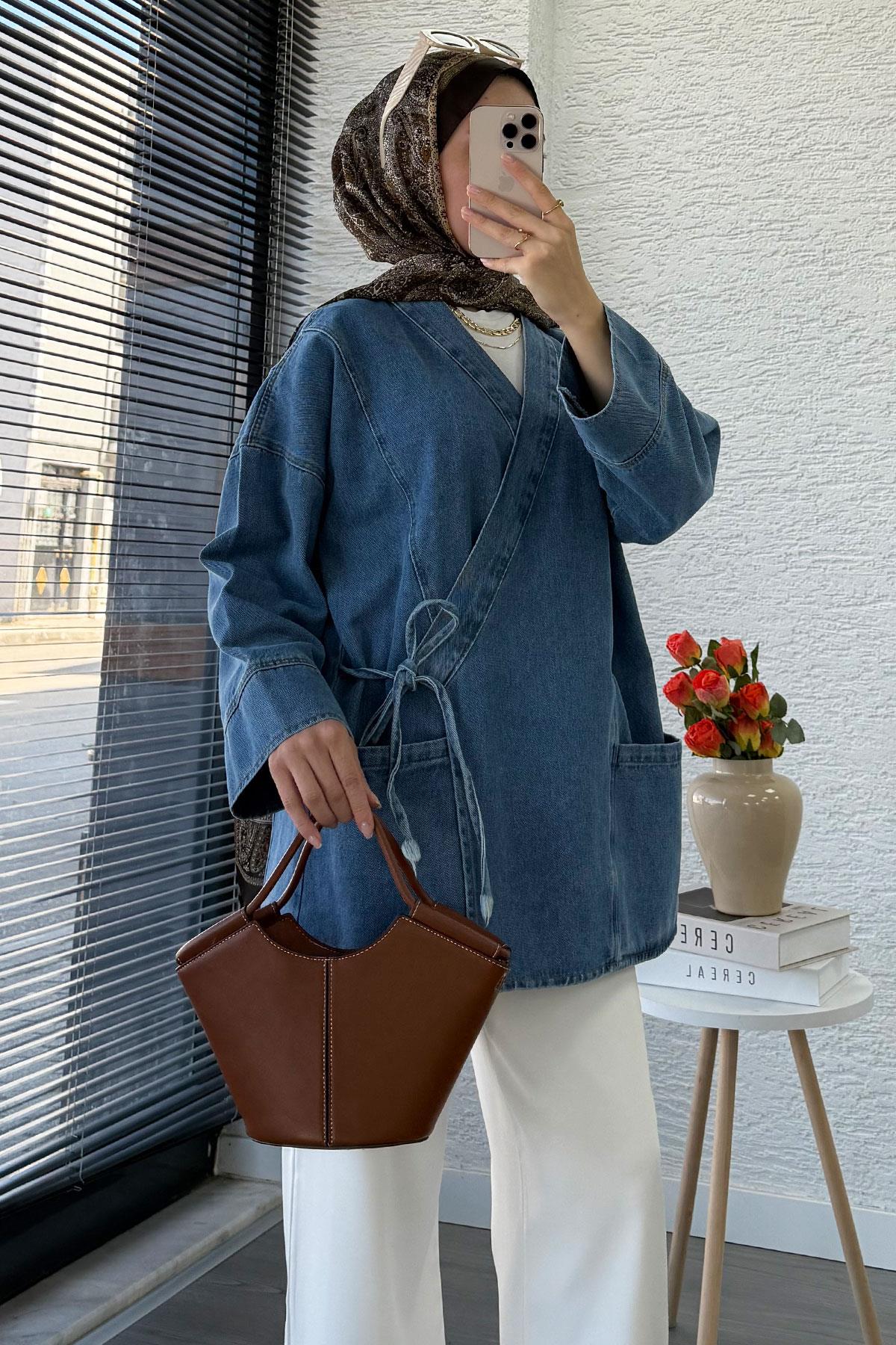 Anvelop Bağlamalı Oversize Denim Ceket - Açık Mavi