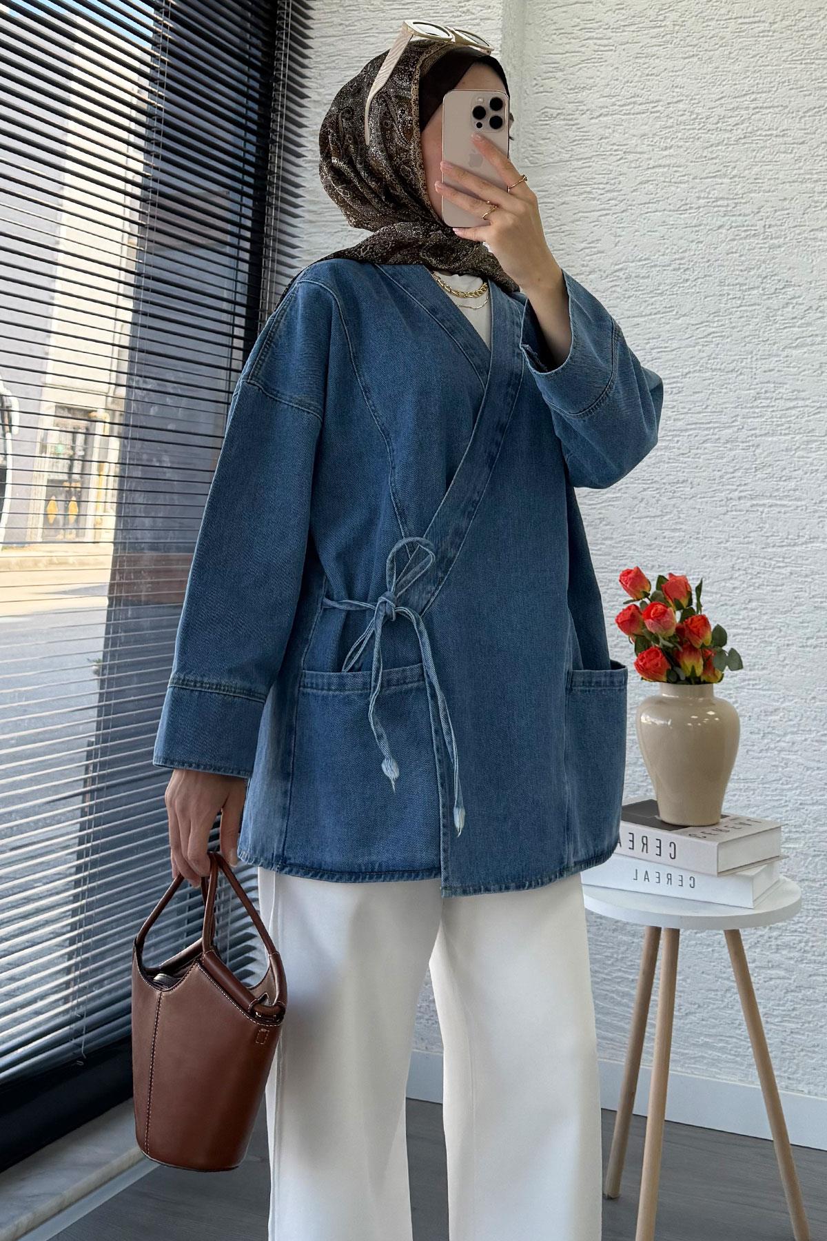 Anvelop Bağlamalı Oversize Denim Ceket - Açık Mavi
