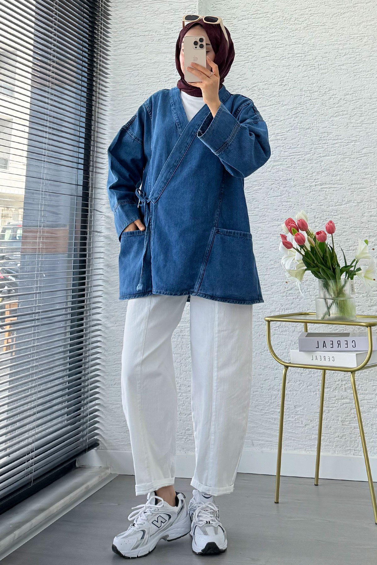 Anvelop Bağlamalı Oversize Denim Ceket - Mavi