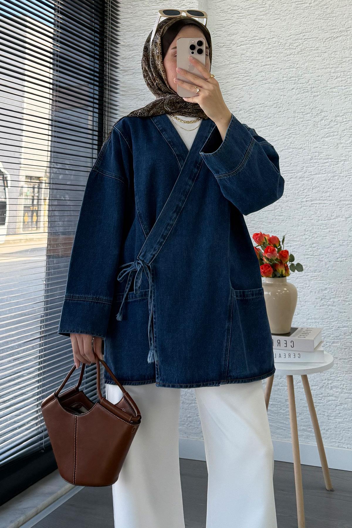 Anvelop Bağlamalı Oversize Denim Ceket - Koyu Mavi