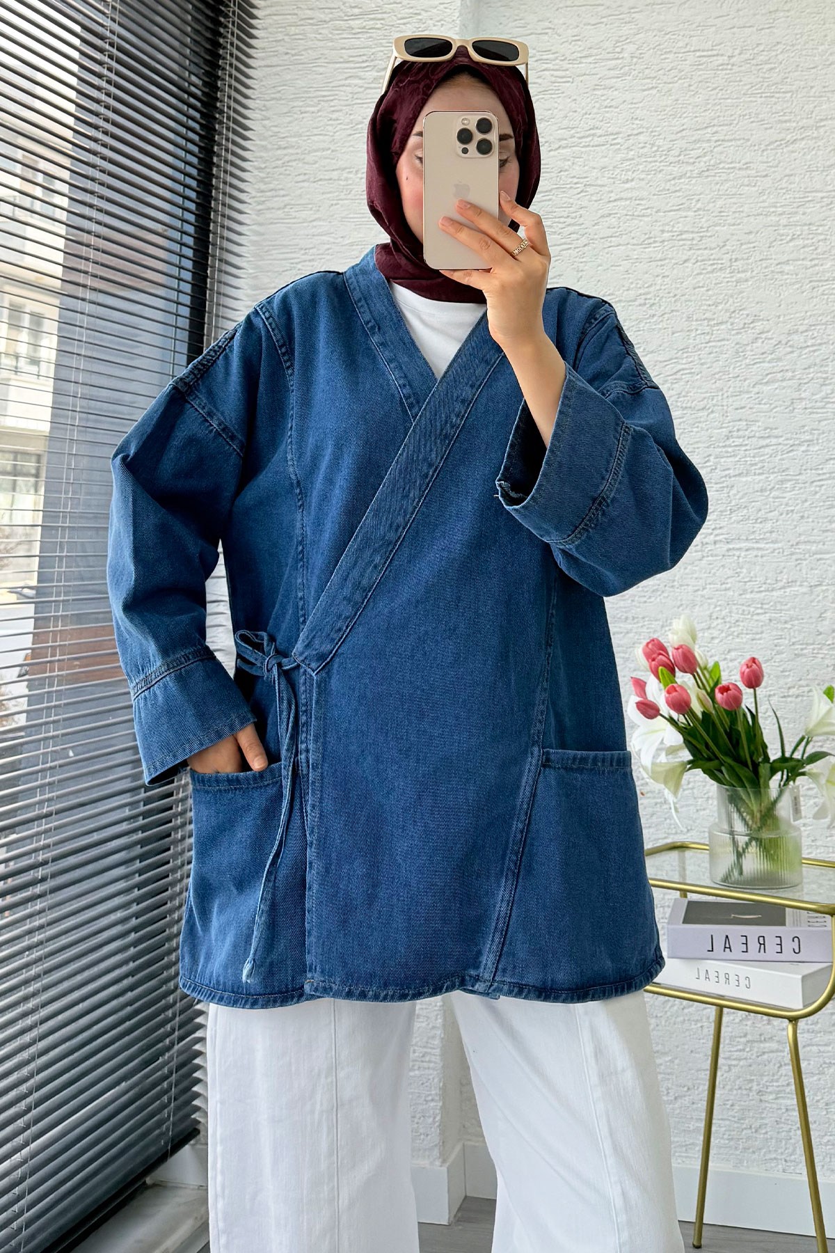 Anvelop Bağlamalı Oversize Denim Ceket - Mavi