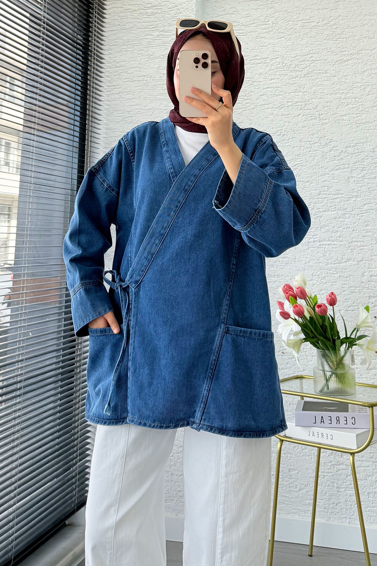 Anvelop Bağlamalı Oversize Denim Ceket - Mavi