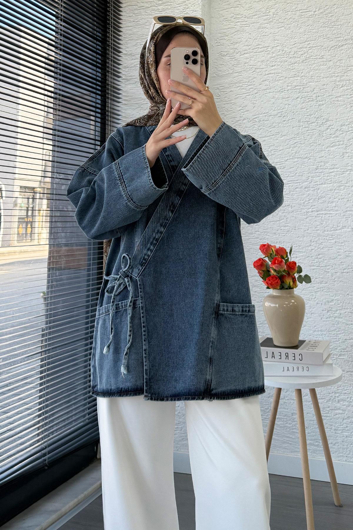 Anvelop Bağlamalı Oversize Denim Ceket - Gri