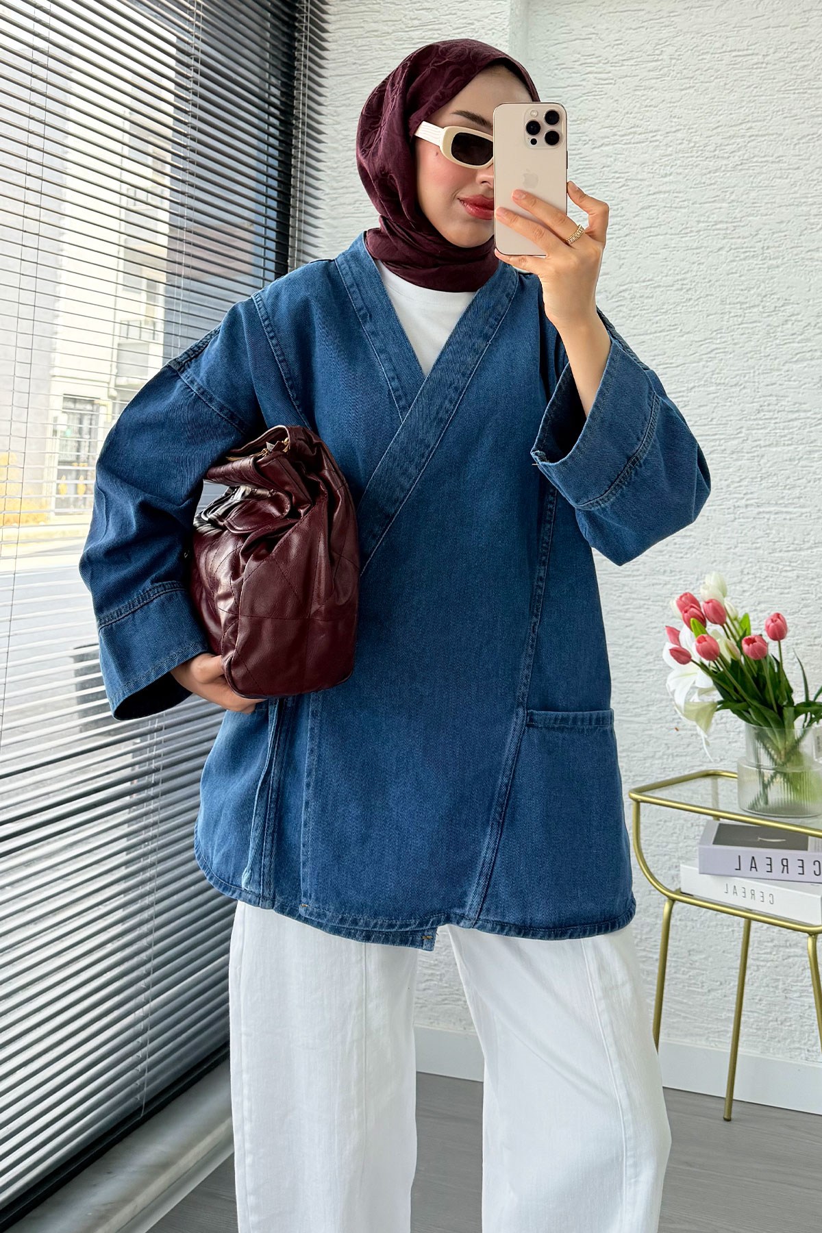 Anvelop Bağlamalı Oversize Denim Ceket - Mavi