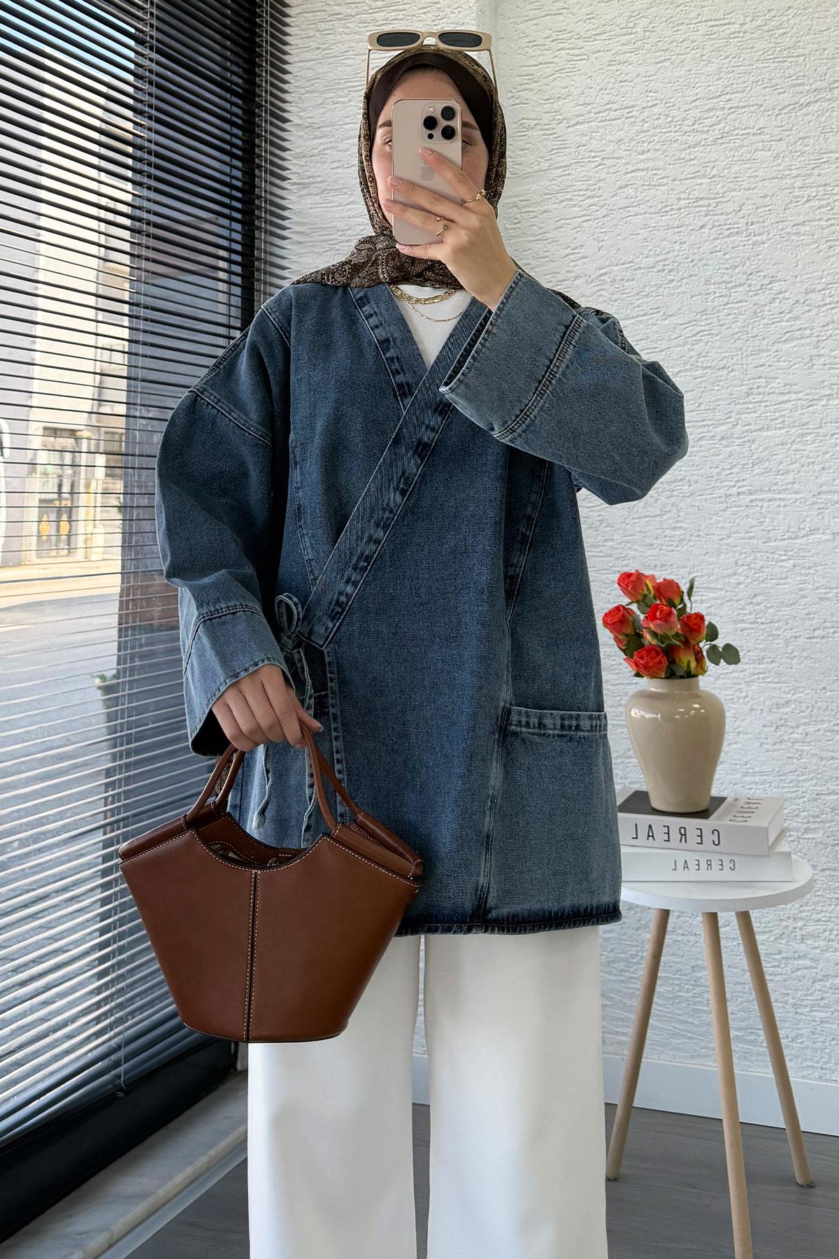 Anvelop Bağlamalı Oversize Denim Ceket - Gri