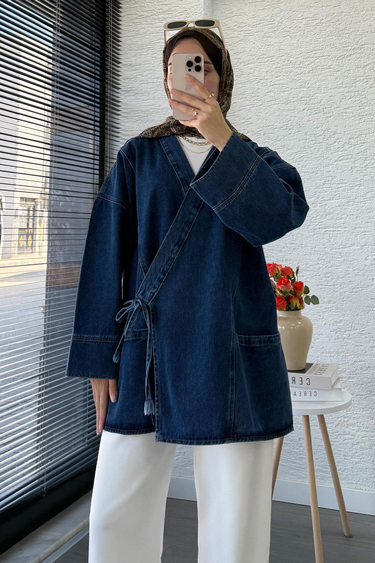 Anvelop Bağlamalı Oversize Denim Ceket - Koyu Mavi