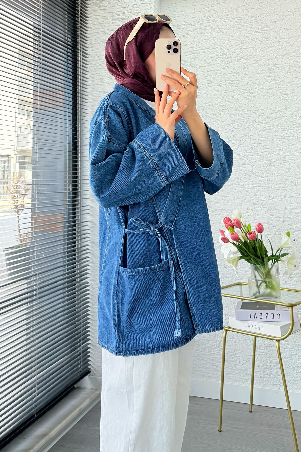 Anvelop Bağlamalı Oversize Denim Ceket - Mavi