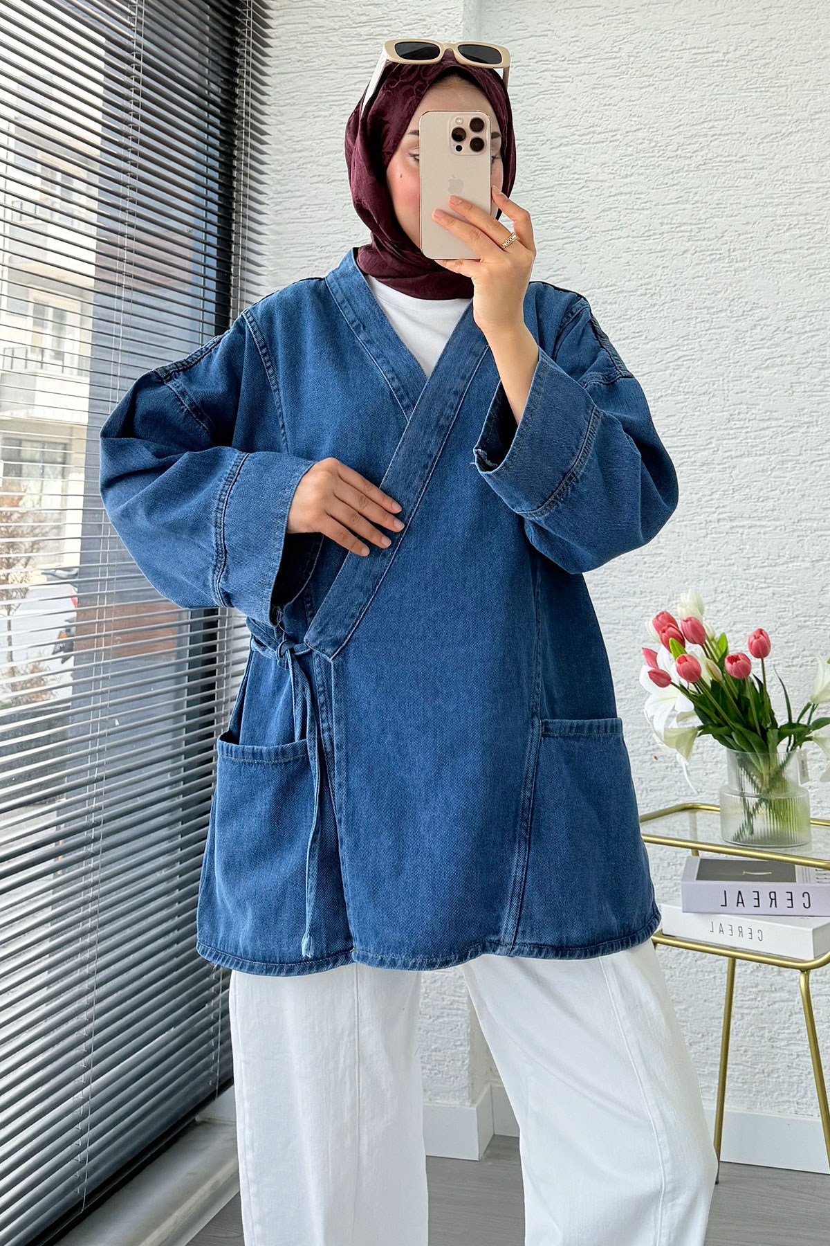 Anvelop Bağlamalı Oversize Denim Ceket - Mavi