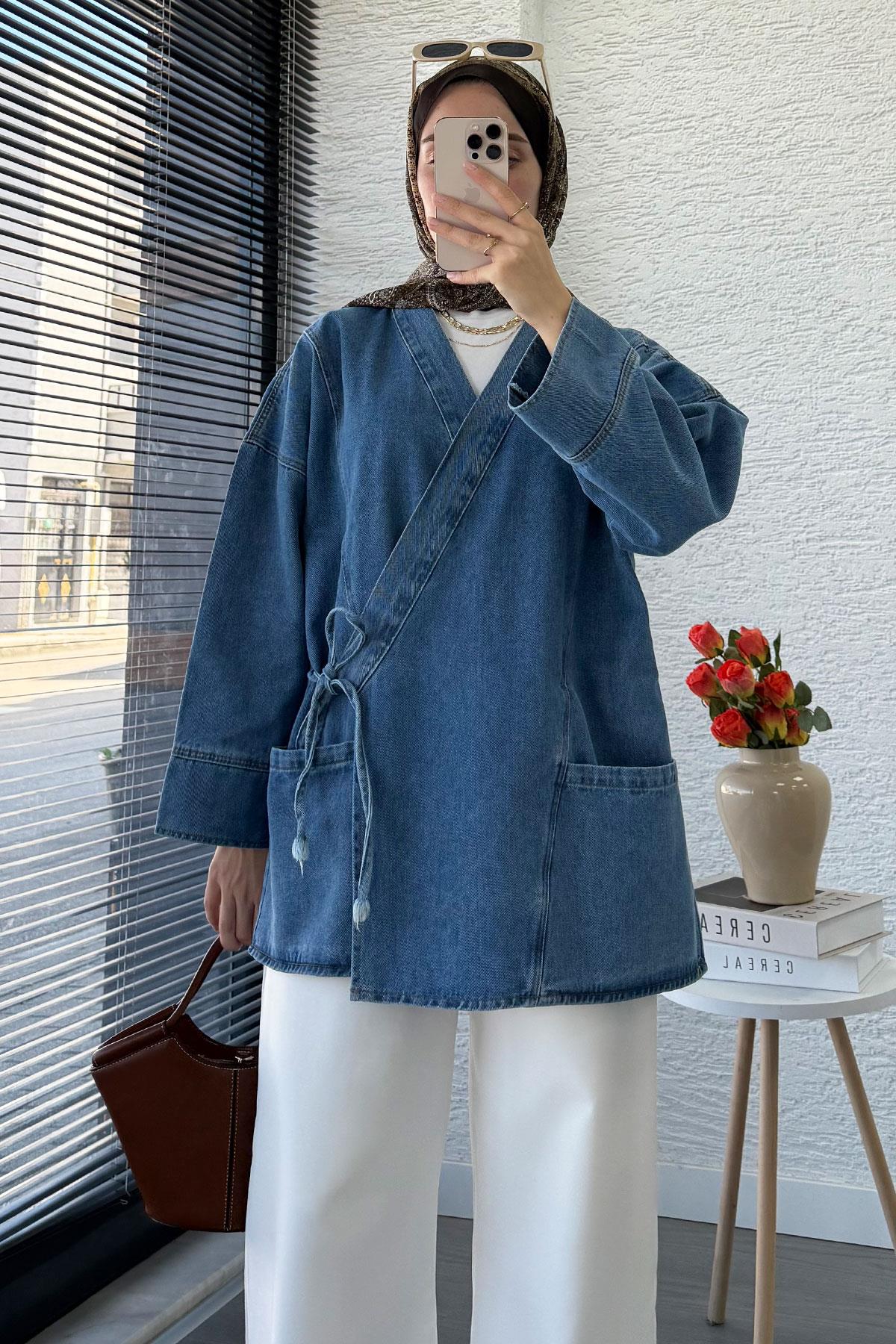 Anvelop Bağlamalı Oversize Denim Ceket - Açık Mavi