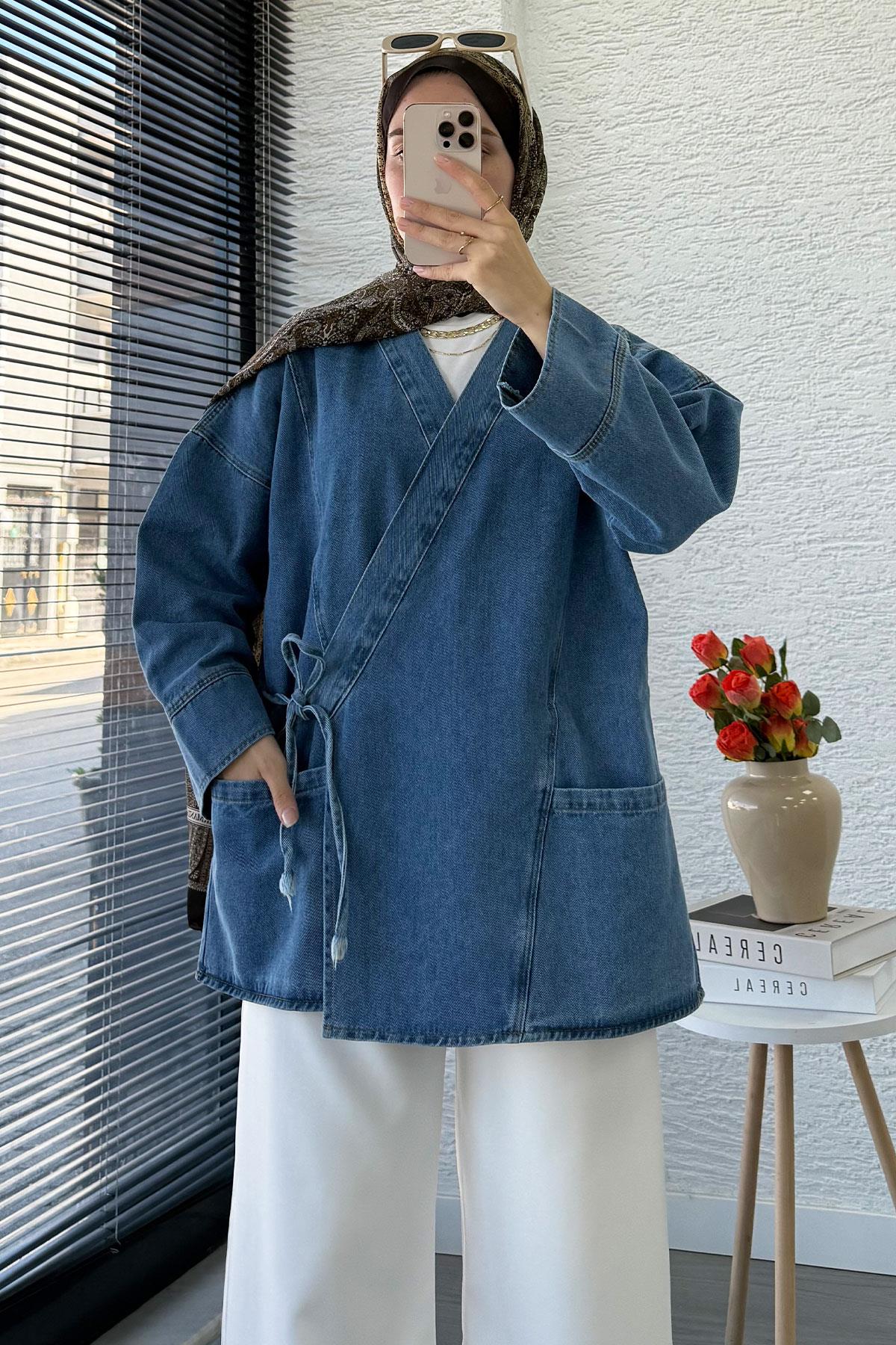 Anvelop Bağlamalı Oversize Denim Ceket - Açık Mavi