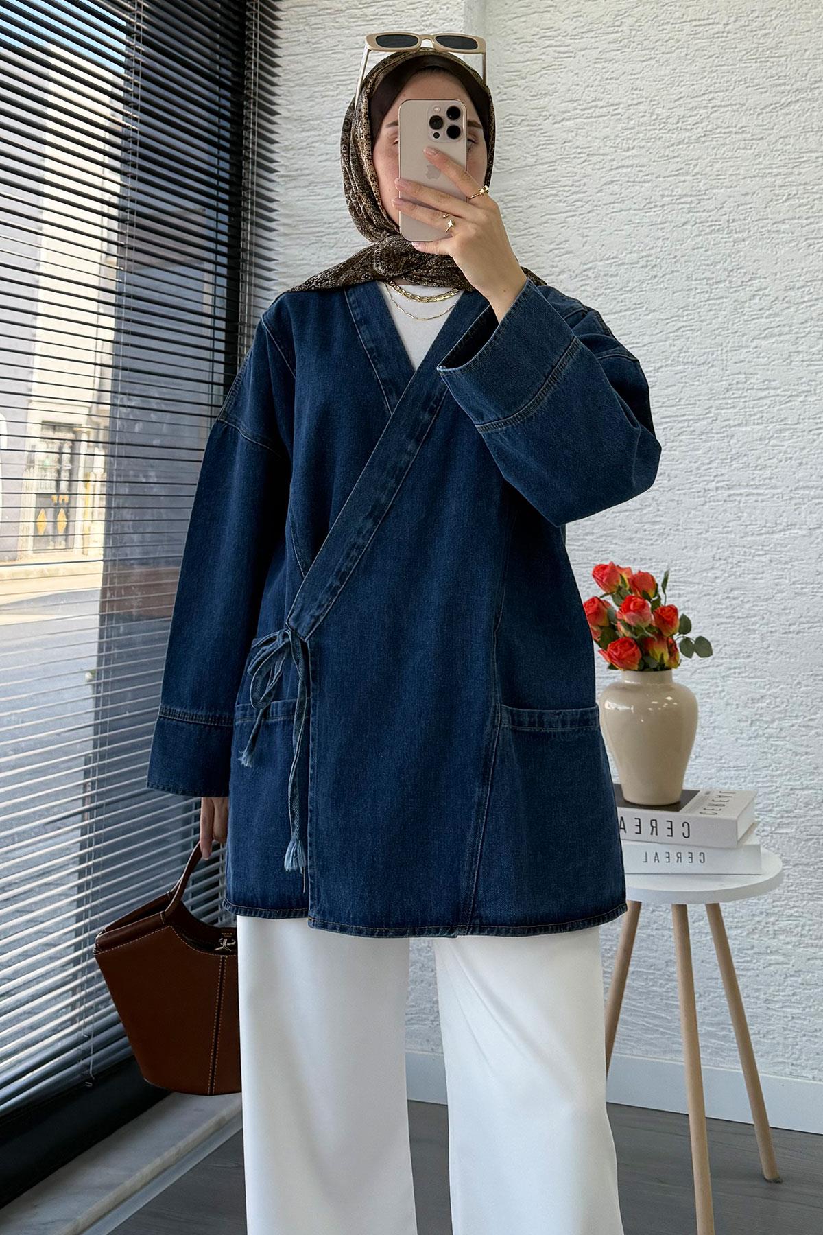 Anvelop Bağlamalı Oversize Denim Ceket - Koyu Mavi