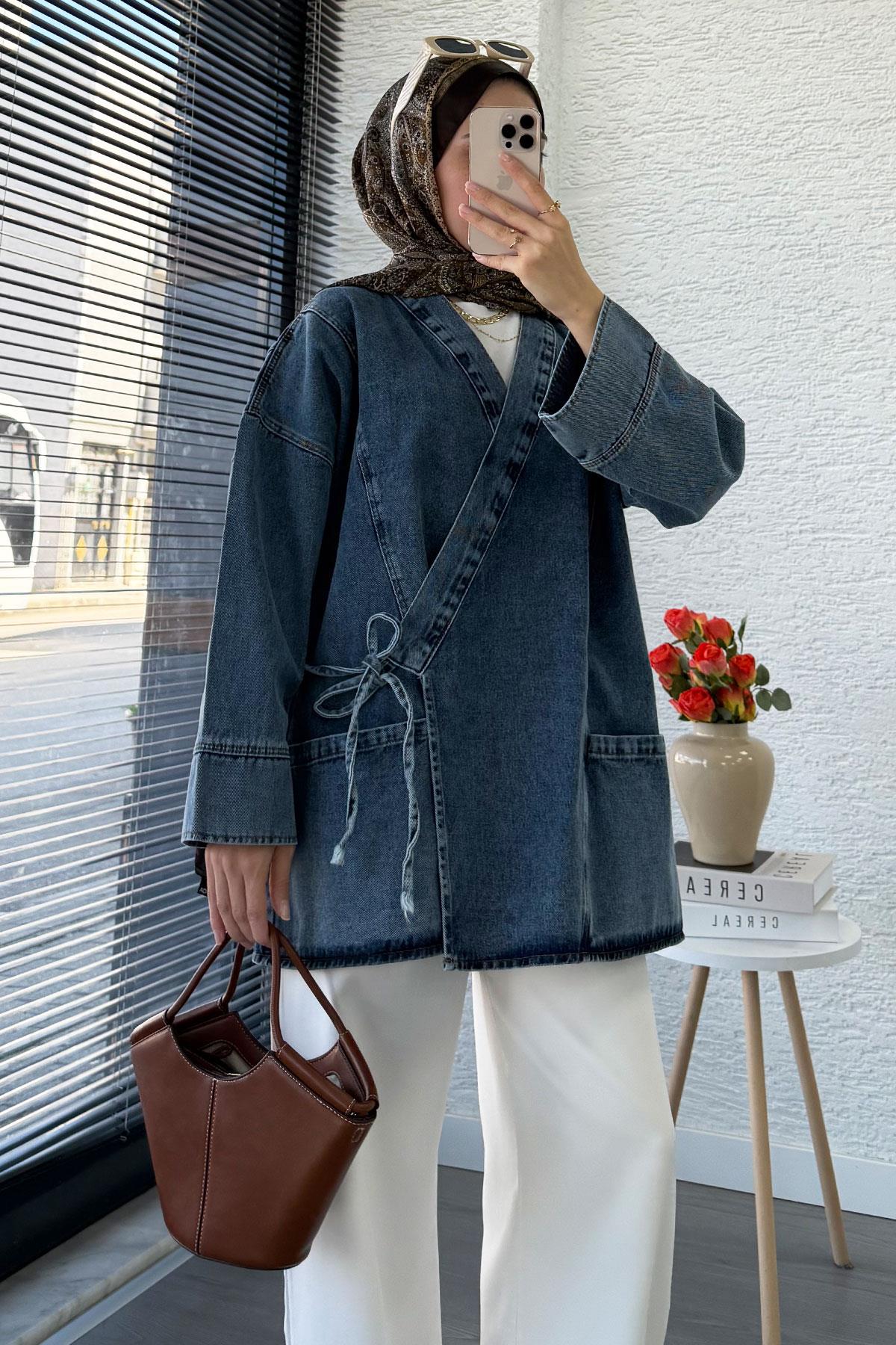 Anvelop Bağlamalı Oversize Denim Ceket - Gri