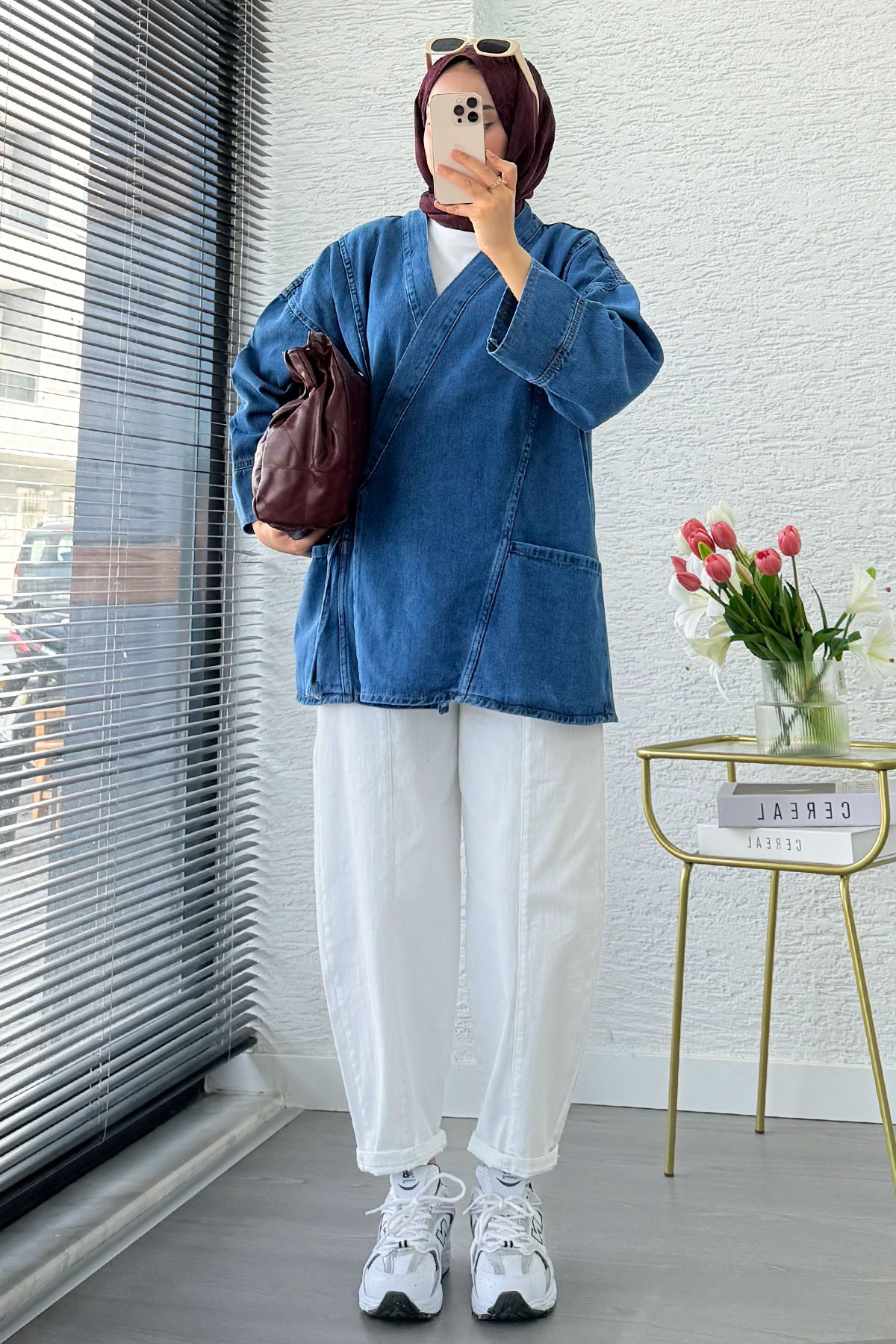 Anvelop Bağlamalı Oversize Denim Ceket - Mavi