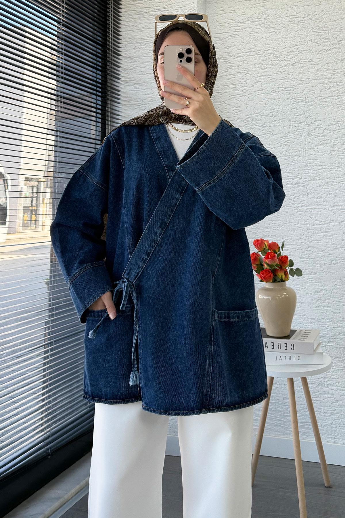Anvelop Bağlamalı Oversize Denim Ceket - Koyu Mavi