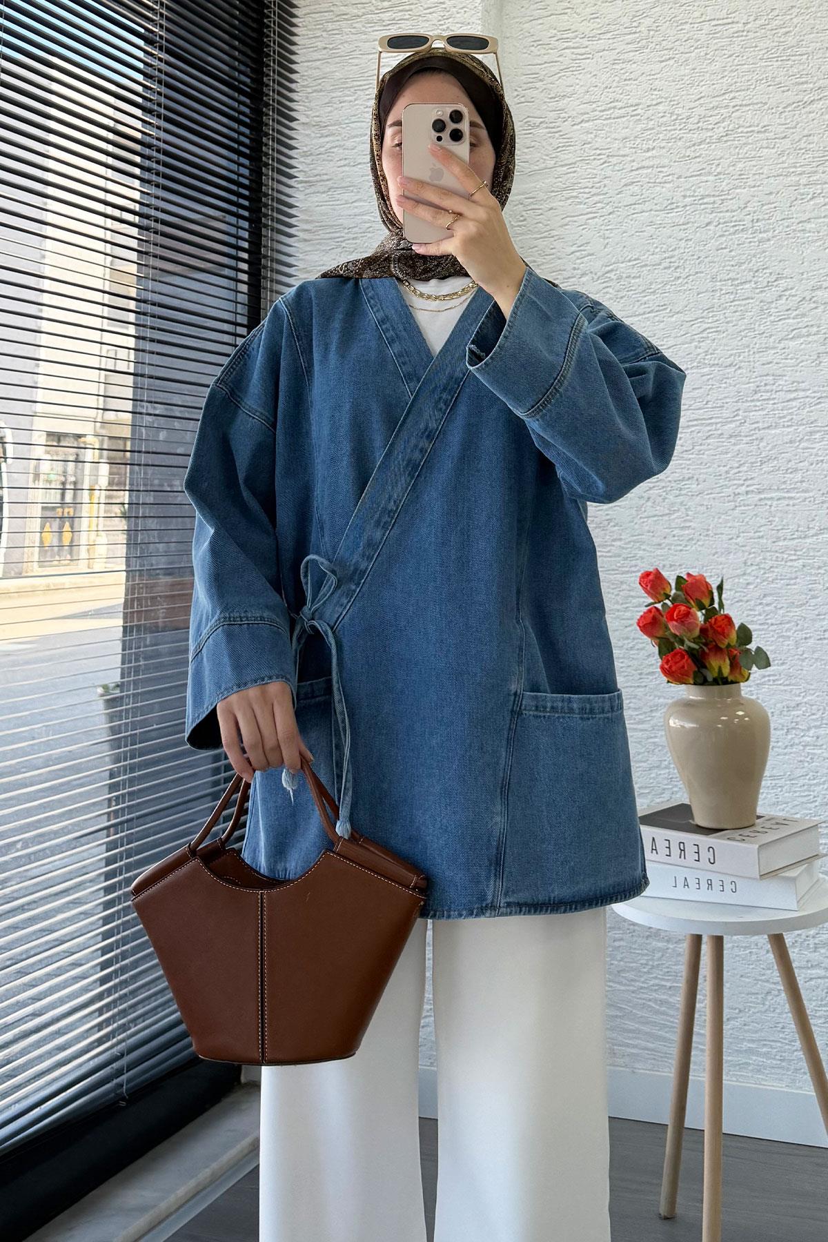 Anvelop Bağlamalı Oversize Denim Ceket - Açık Mavi