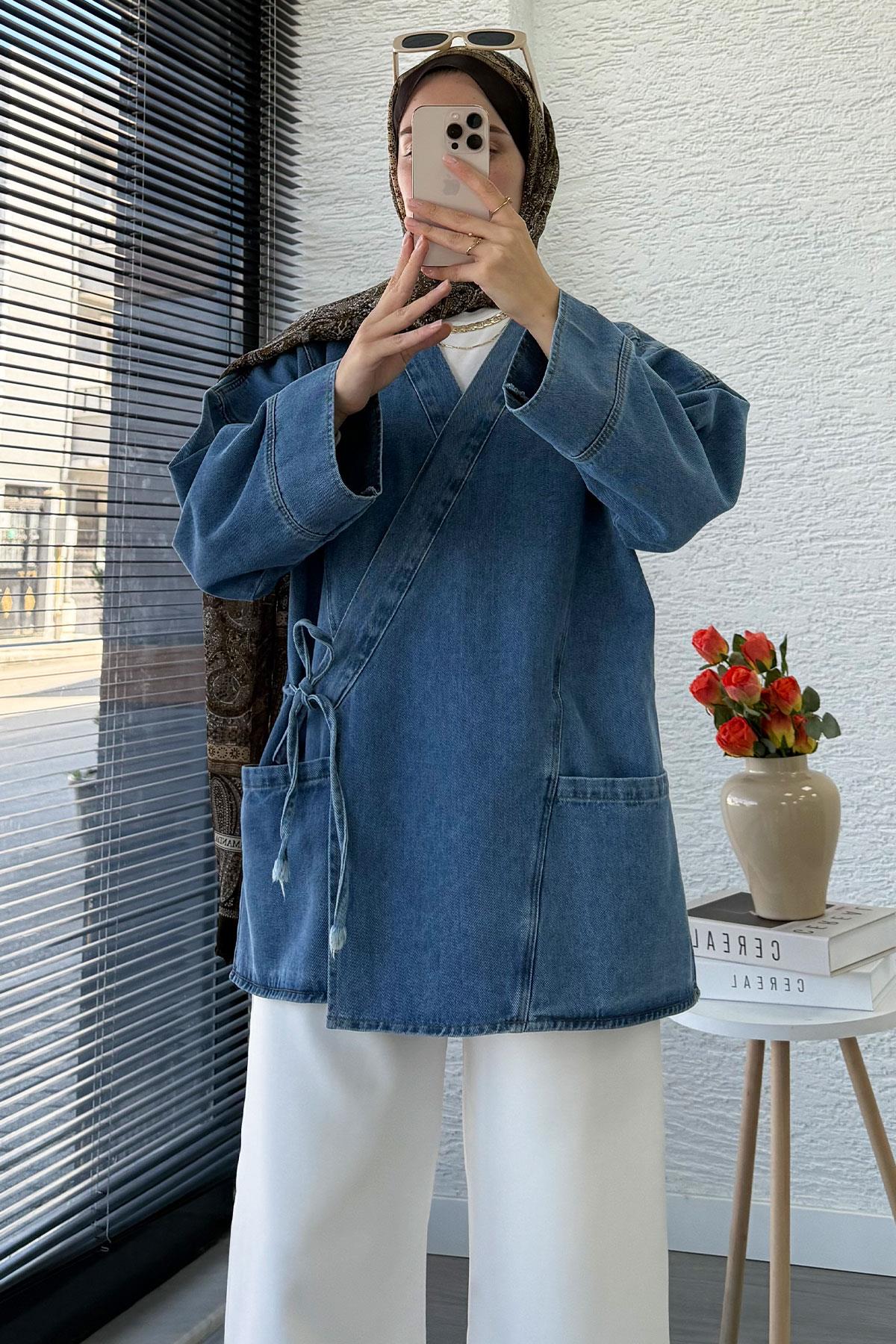 Anvelop Bağlamalı Oversize Denim Ceket - Açık Mavi