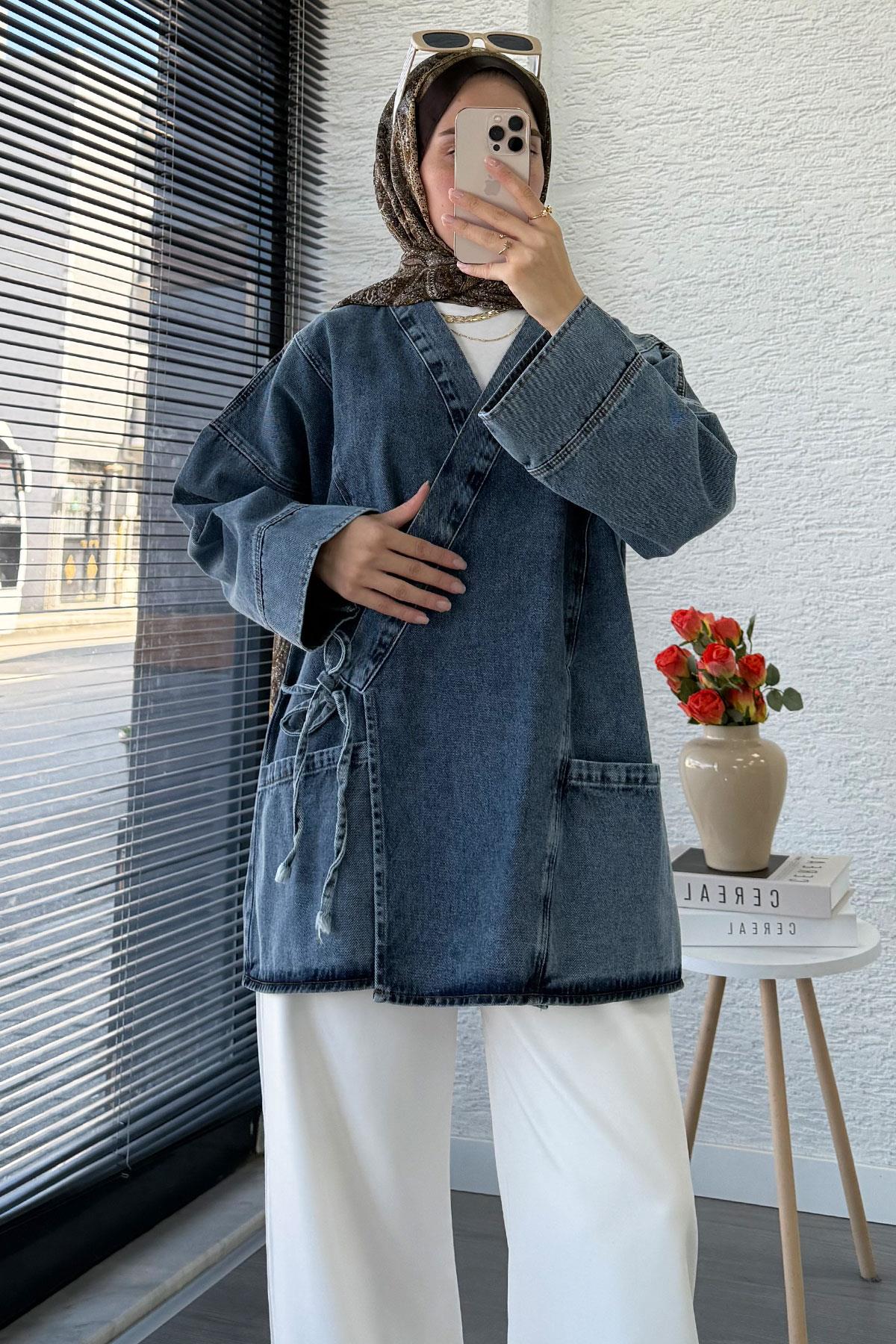 Anvelop Bağlamalı Oversize Denim Ceket - Gri