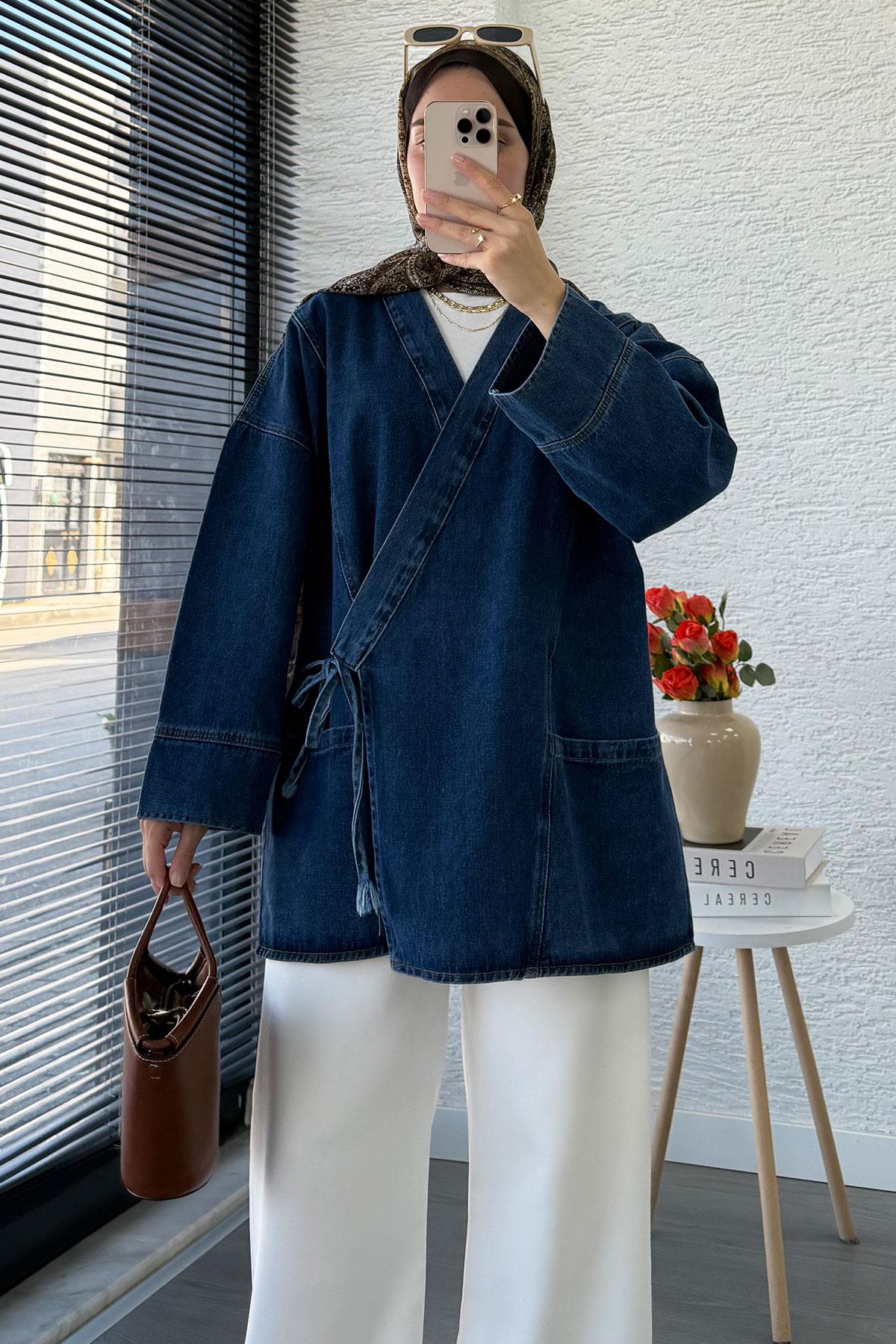 Anvelop Bağlamalı Oversize Denim Ceket - Koyu Mavi
