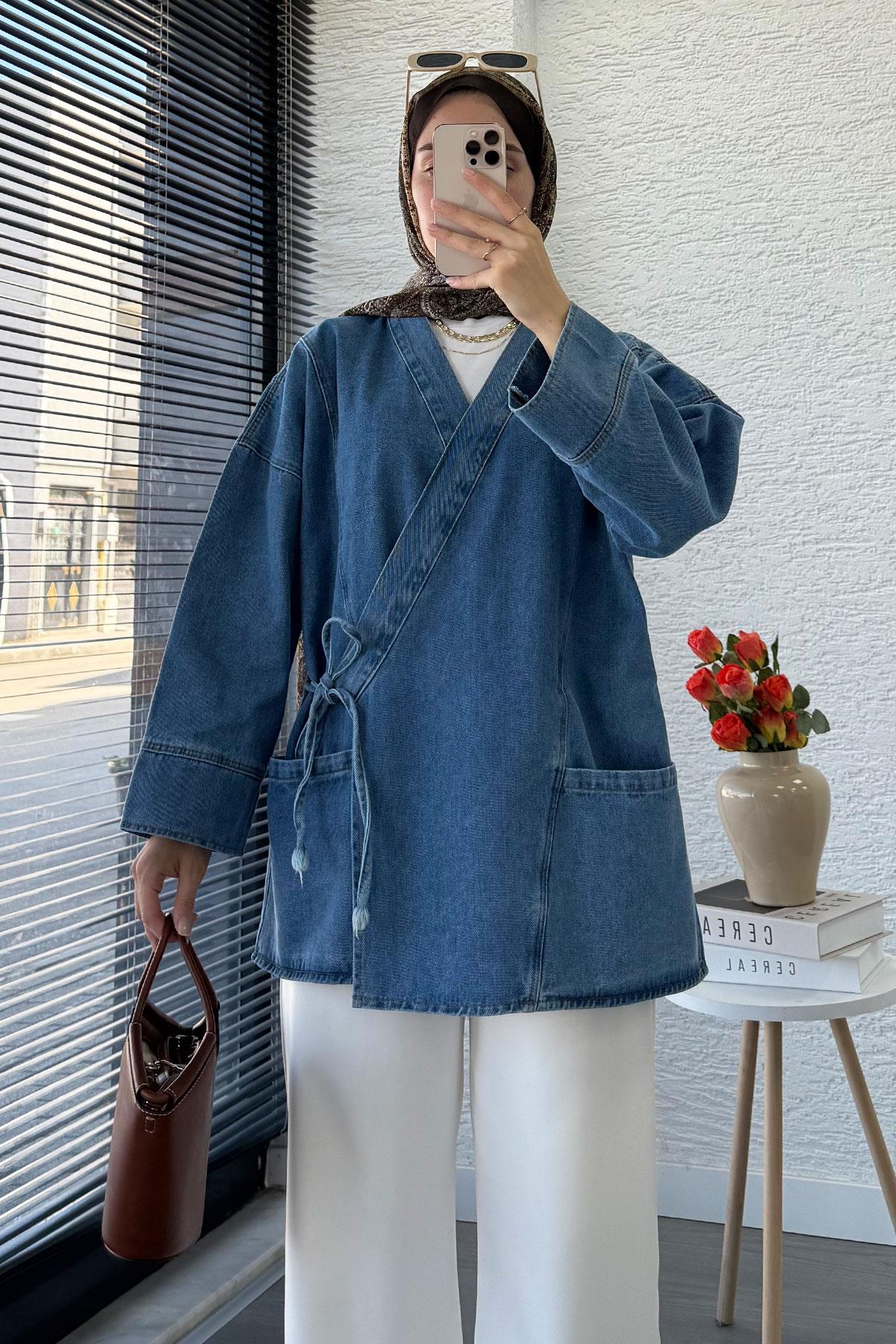 Anvelop Bağlamalı Oversize Denim Ceket - Açık Mavi