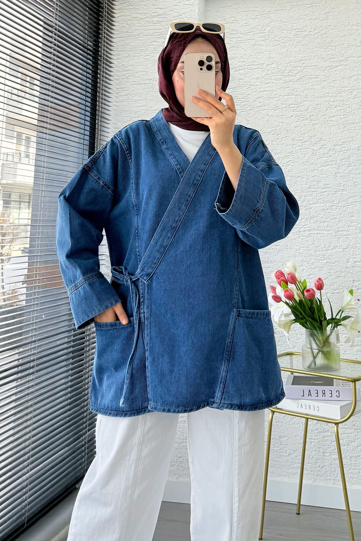 Anvelop Bağlamalı Oversize Denim Ceket - Mavi