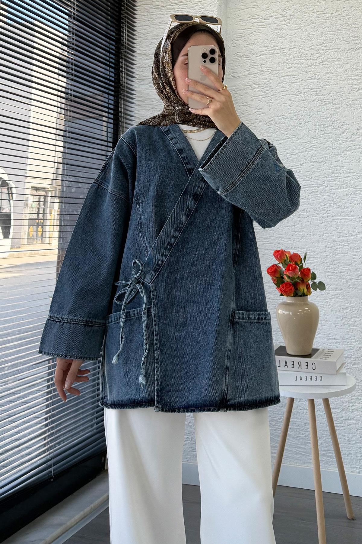 Anvelop Bağlamalı Oversize Denim Ceket - Gri