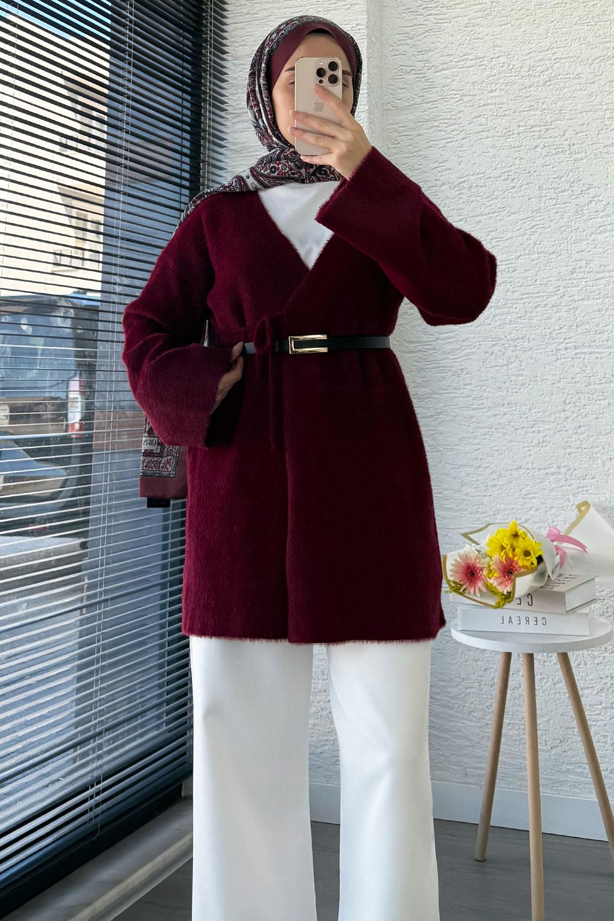 Anvelop Bağlamalı Yumoş Triko Kimono – Bordo