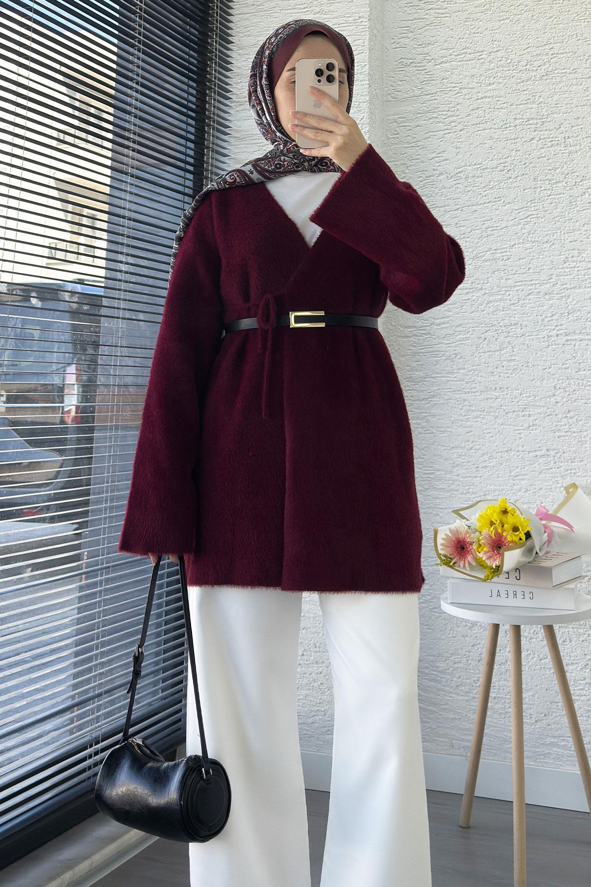 Anvelop Bağlamalı Yumoş Triko Kimono – Bordo