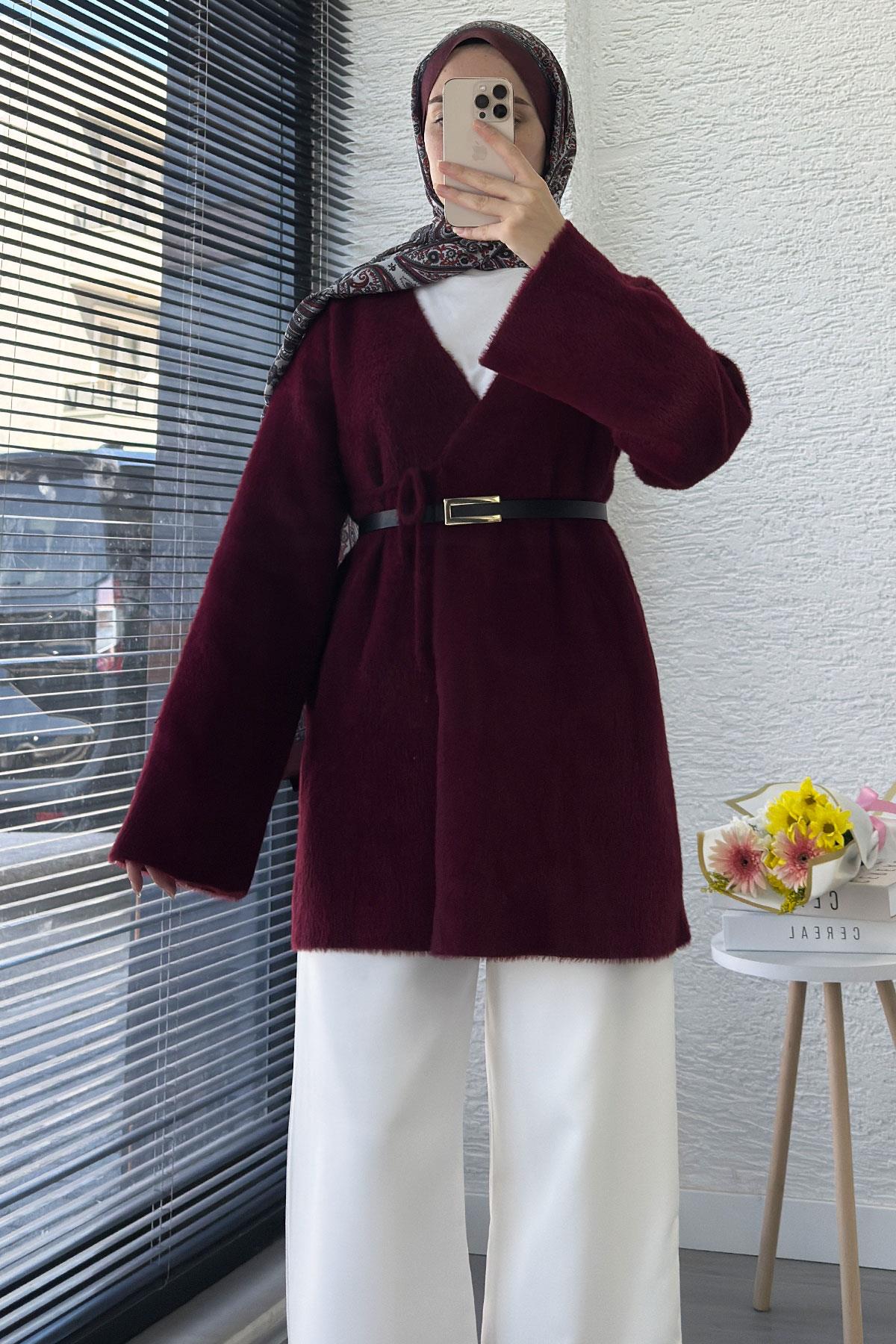 Anvelop Bağlamalı Yumoş Triko Kimono – Bordo