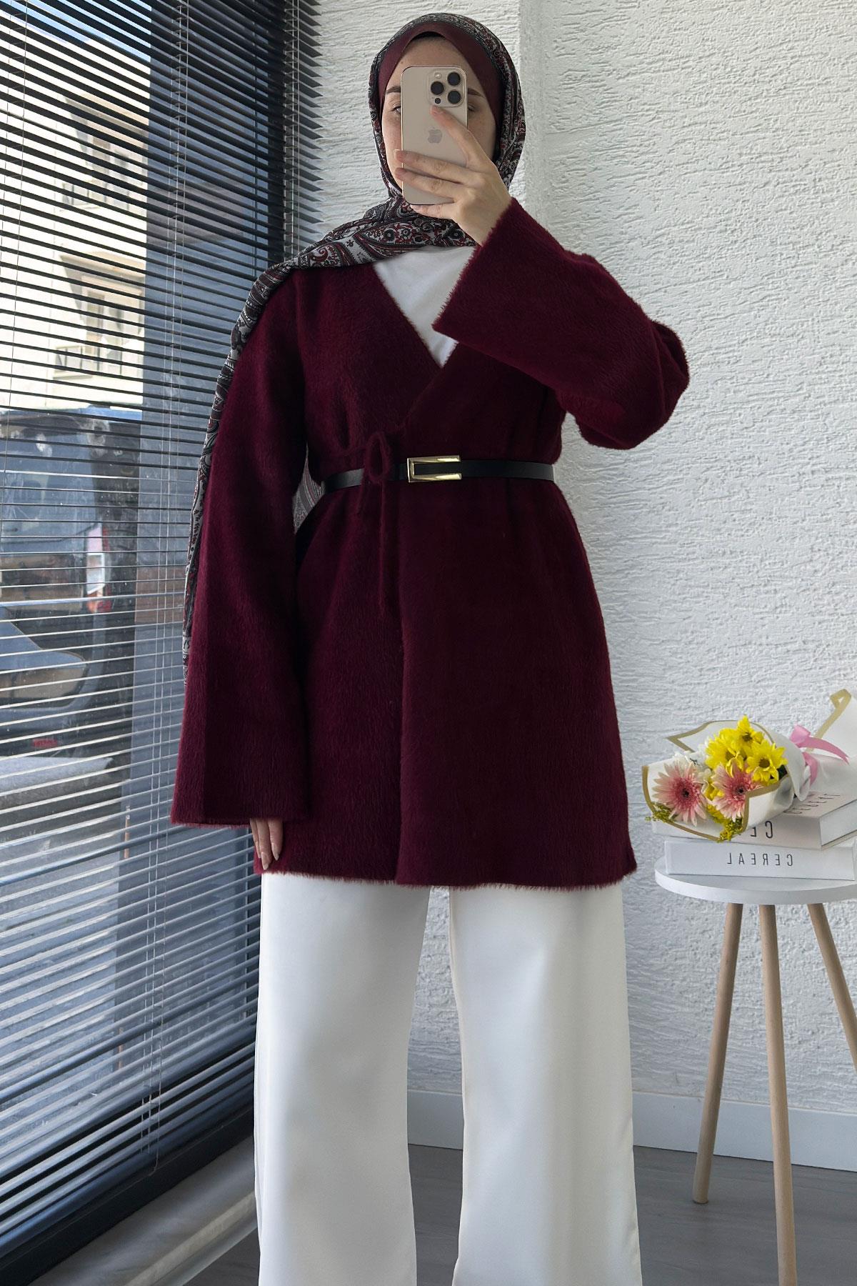 Anvelop Bağlamalı Yumoş Triko Kimono – Bordo