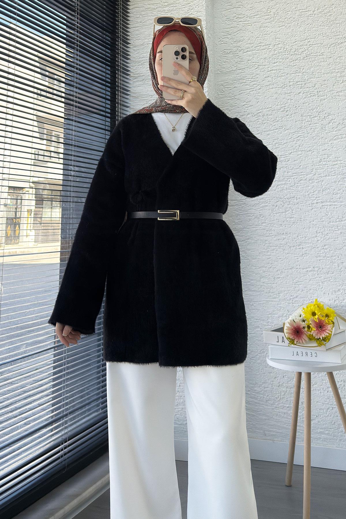 Anvelop Bağlamalı Yumoş Triko Kimono – Siyah
