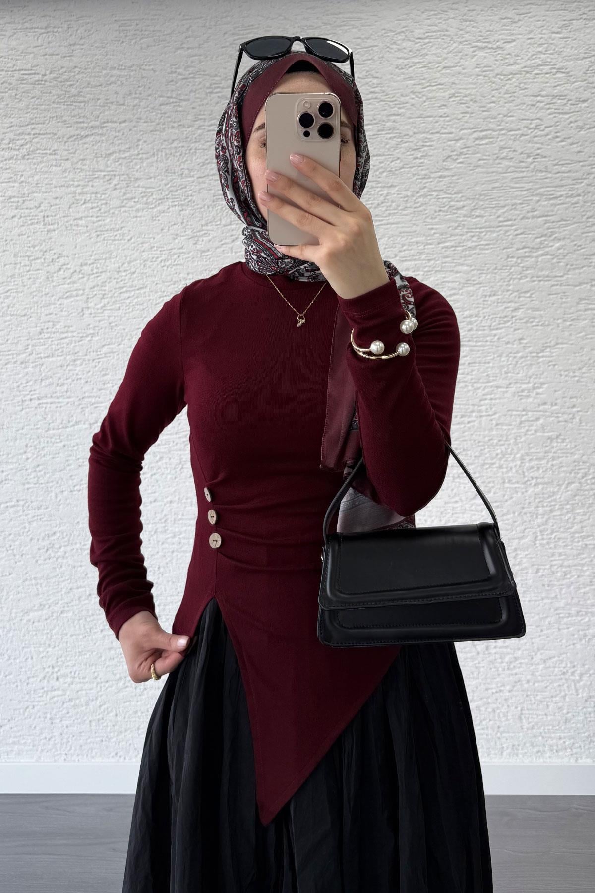 Asimetrik Kesim 3 Düğmeli Bluz-Bordo 