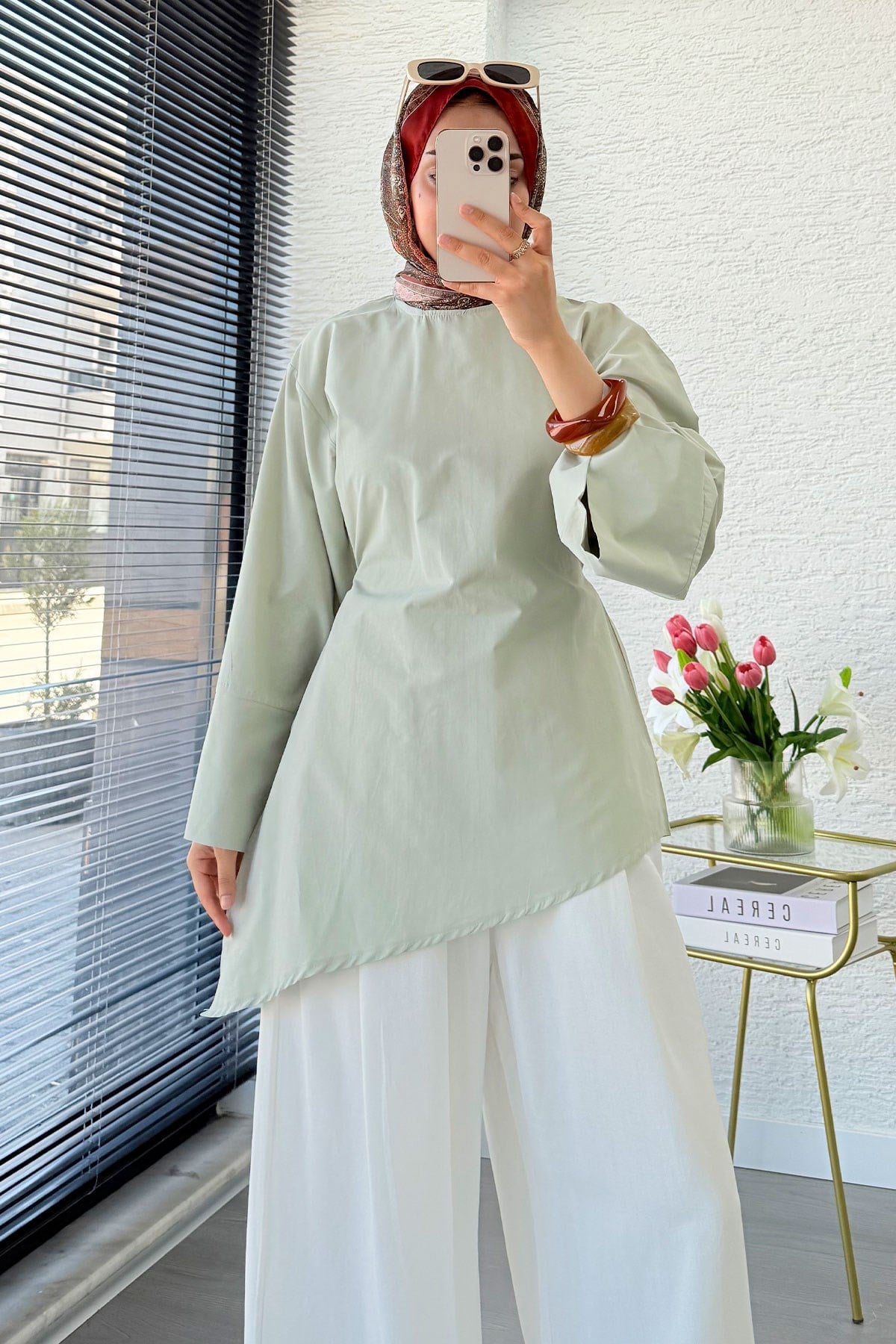 Asimetrik Kesim Arkadan Bağlamalı Poplin Bluz - Mint