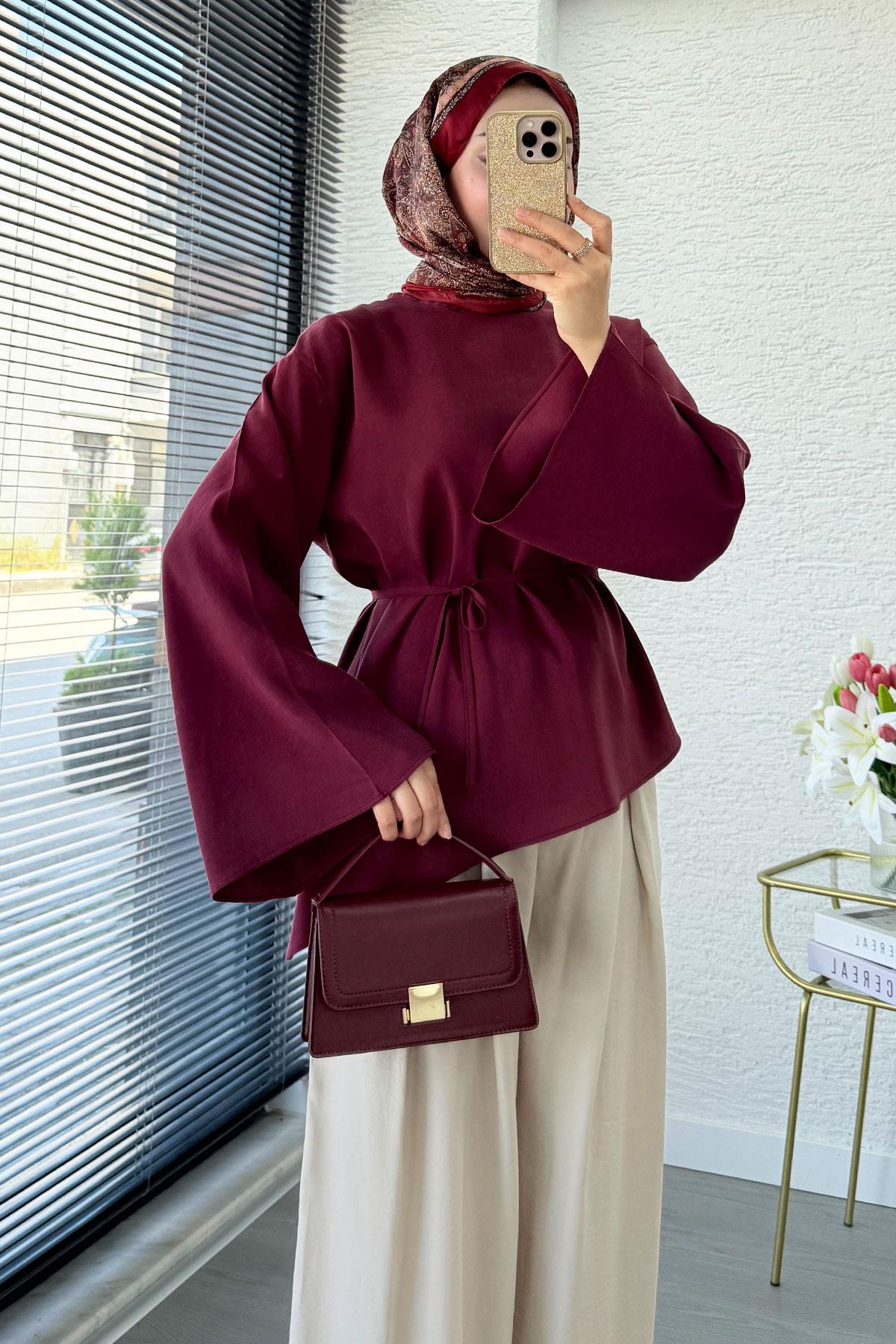 Asimetrik Kesim Volan Kol Modal Bluz – Bordo