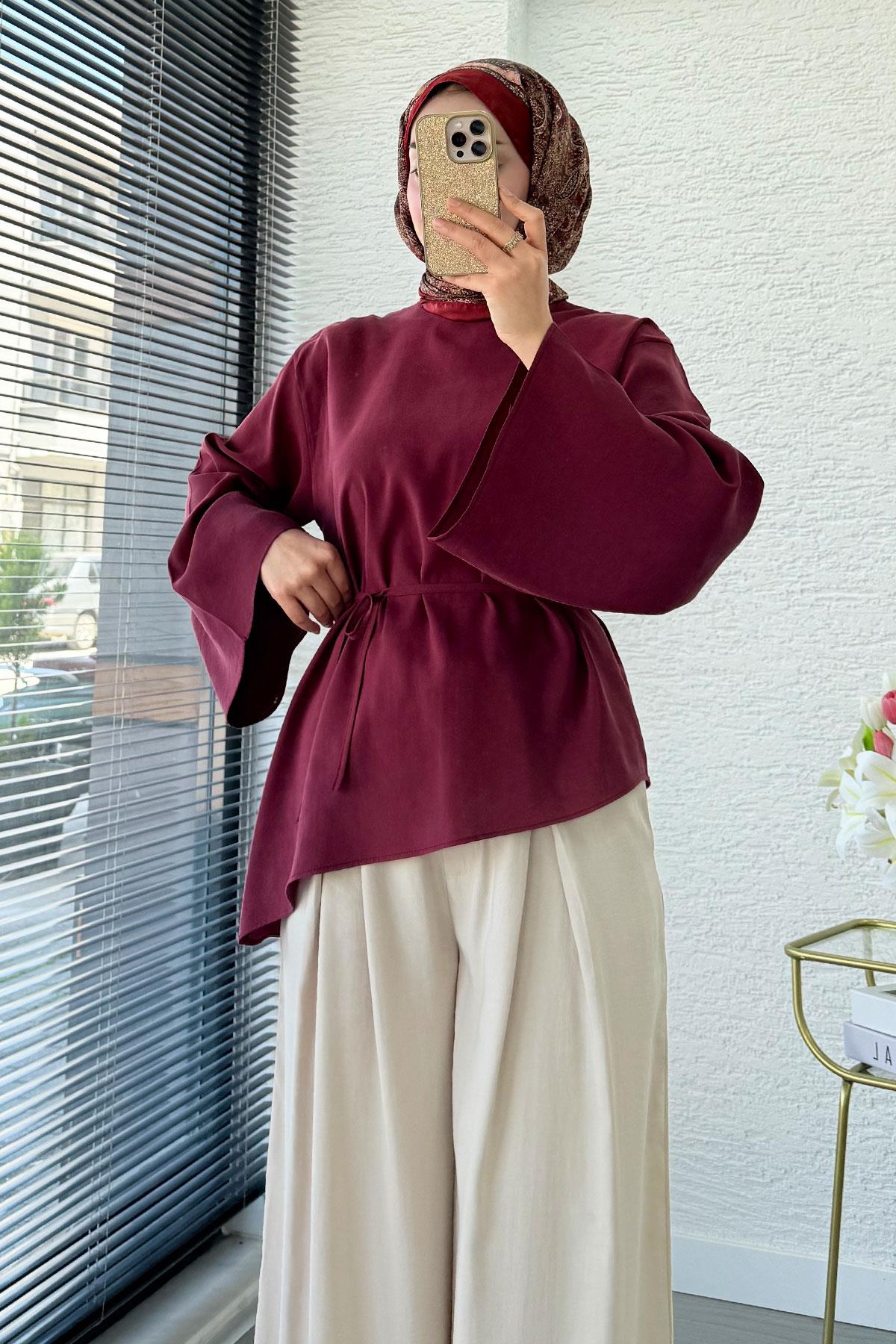 Asimetrik Kesim Volan Kol Modal Bluz – Bordo