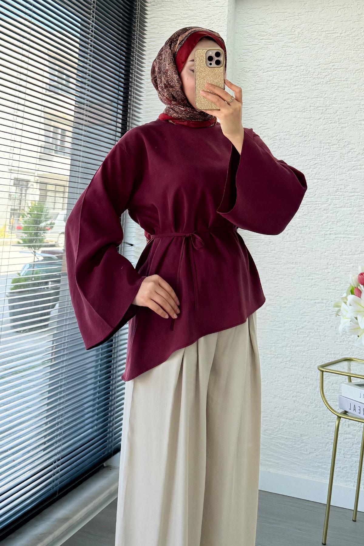 Asimetrik Kesim Volan Kol Modal Bluz – Bordo