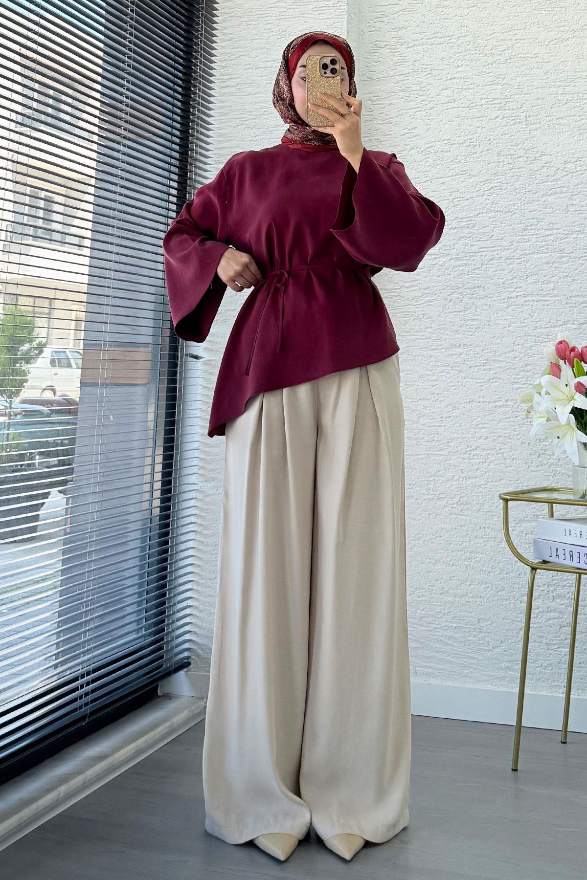 Asimetrik Kesim Volan Kol Modal Bluz – Bordo
