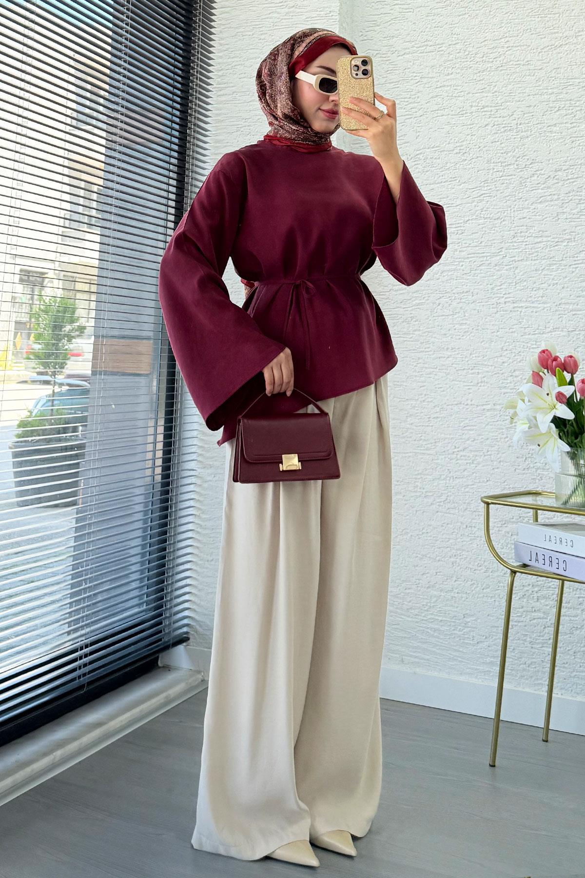 Asimetrik Kesim Volan Kol Modal Bluz – Bordo