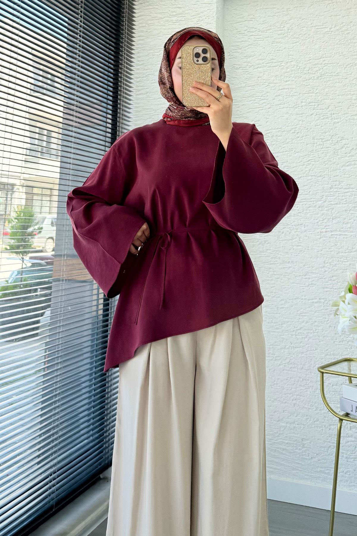 Asimetrik Kesim Volan Kol Modal Bluz – Bordo